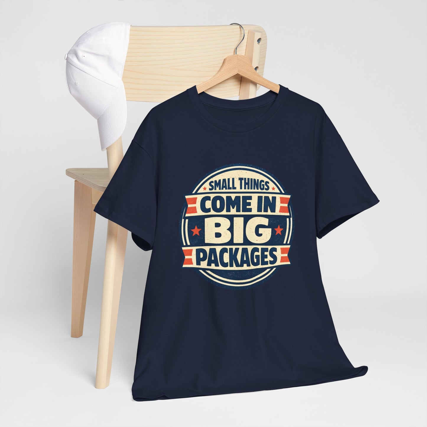 T-Shirt — "Small Things Come in Big Packages" Retro Badge Tee