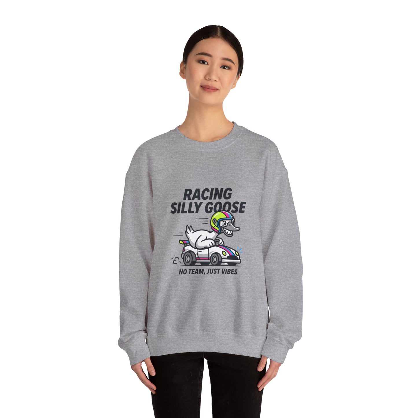 Racing Silly Goose Sweatshirt | motorsport parody, checkered pit crew vibe