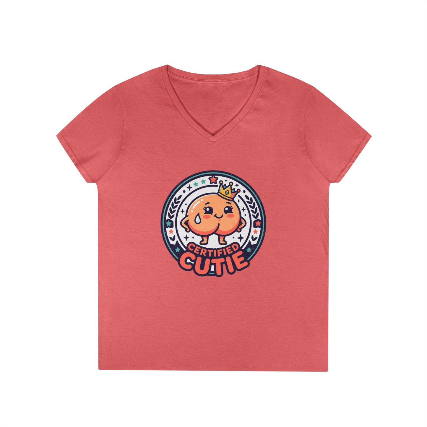 Certified Cutie V-Neck T-Shirt — Cute Cartoon Badge Graphic Tee for Women Printify