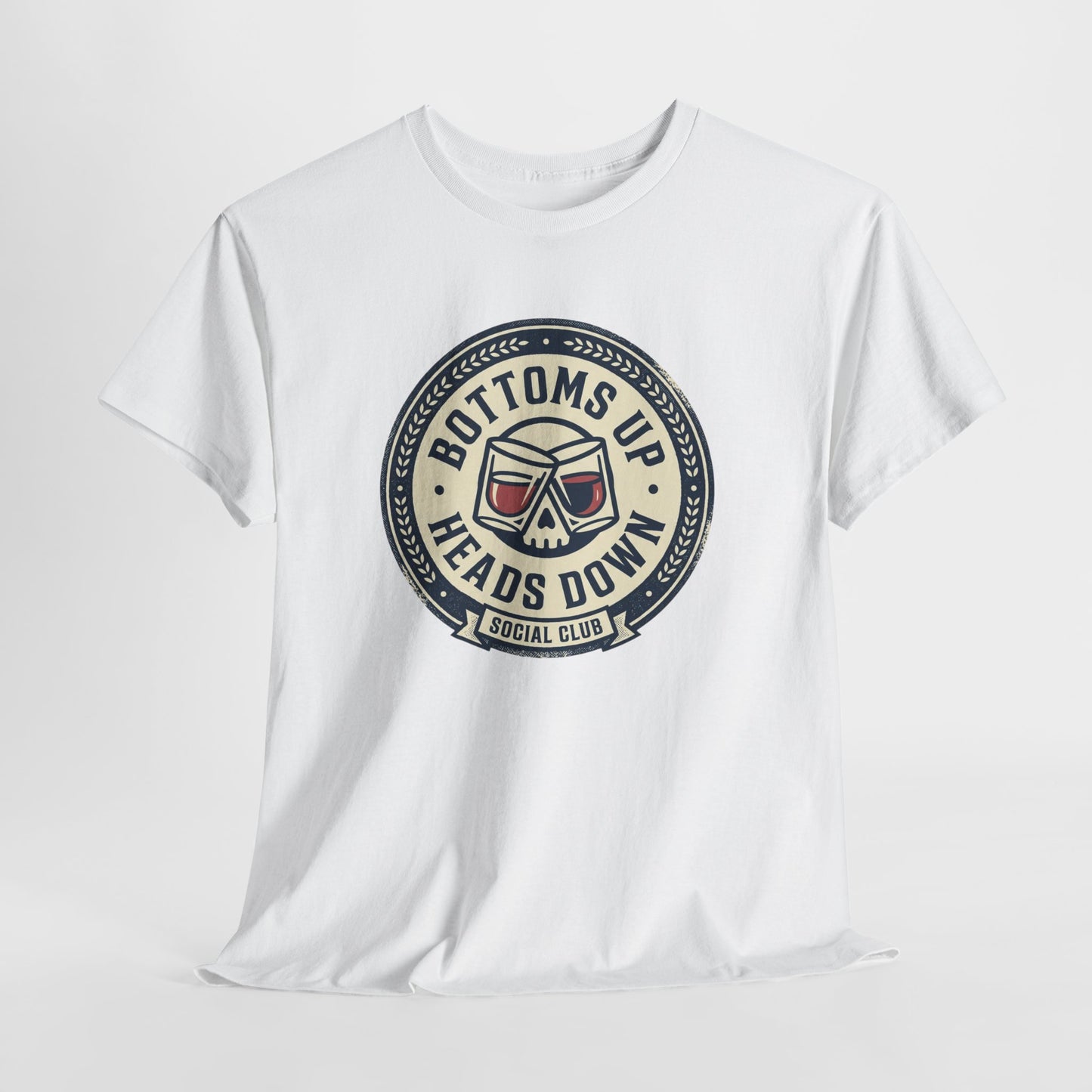 "Bottoms Up Heads Down" Skull Beer Logo Tee