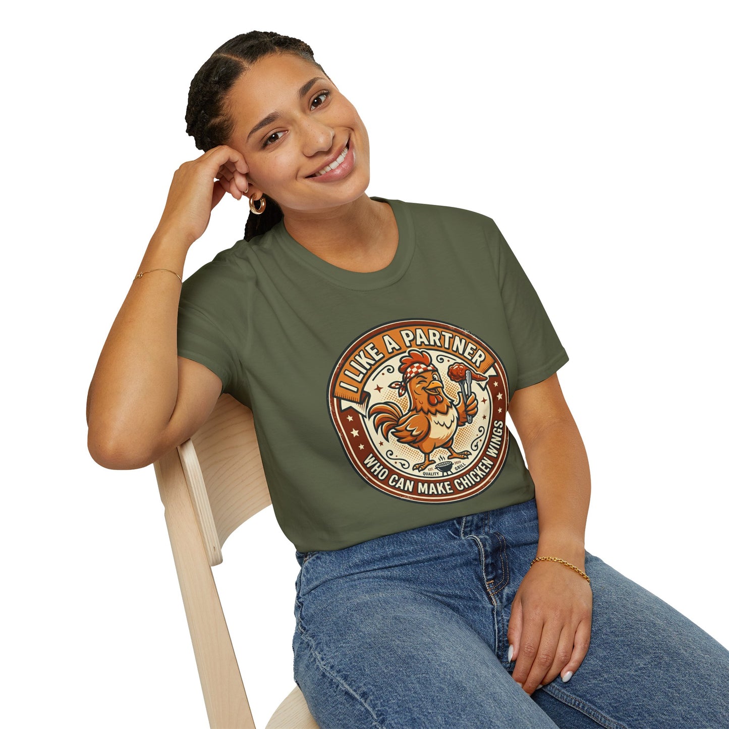Funny Chicken Wings T-Shirt — "I Like A Partner Who Can Make Chicken Wings" Crew Tee
