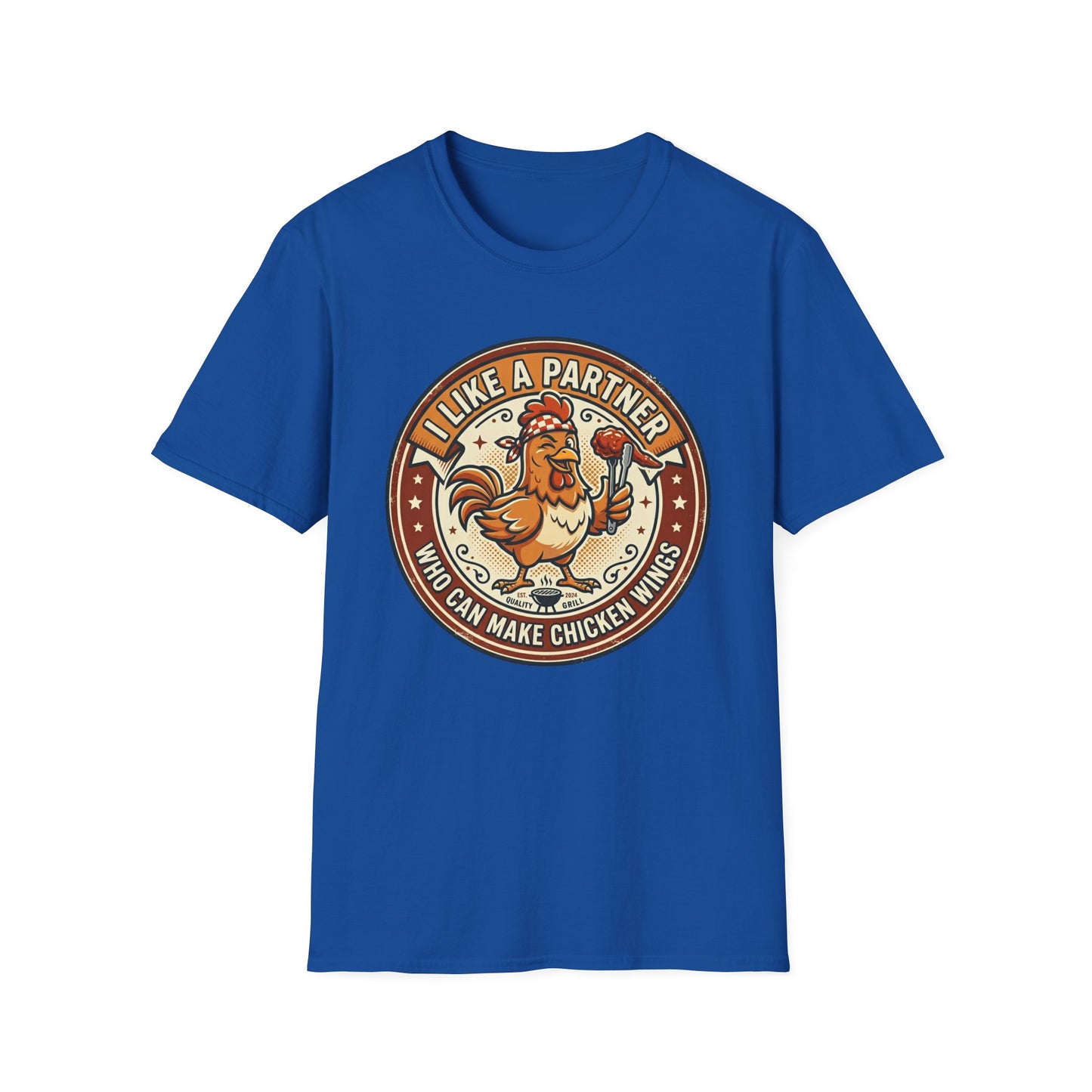 Funny Chicken Wings T-Shirt — "I Like A Partner Who Can Make Chicken Wings" Crew Tee
