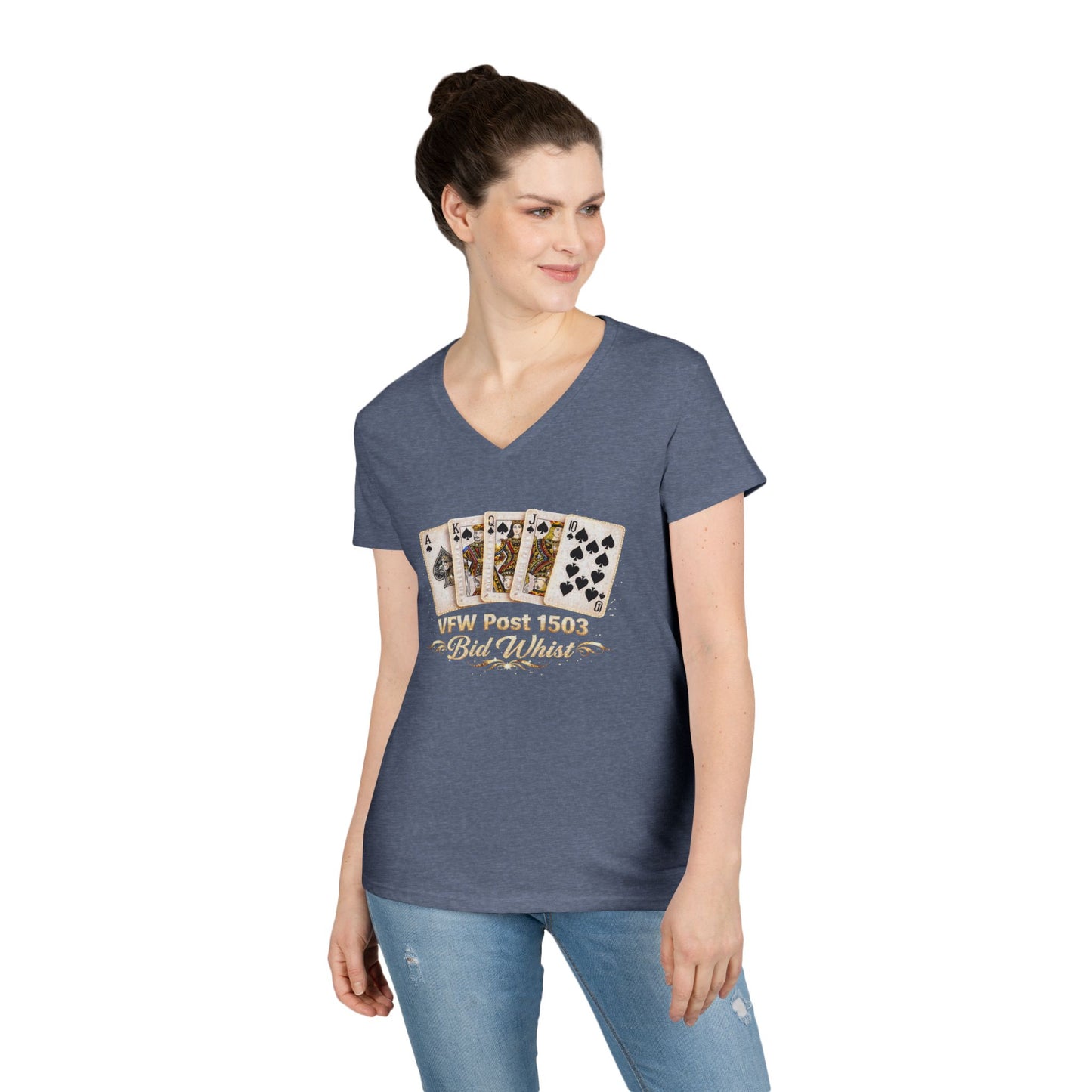 Ladies' V-Neck T-Shirt — Vintage Playing Cards "VFW Post 1503" Graphic Printify