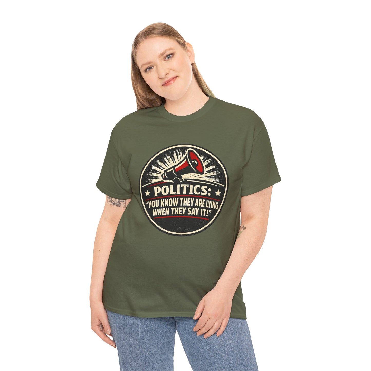 Political Satire T-Shirt — "Politics: You Know They Are Lying When They Say It" Retro Megaphone Tee