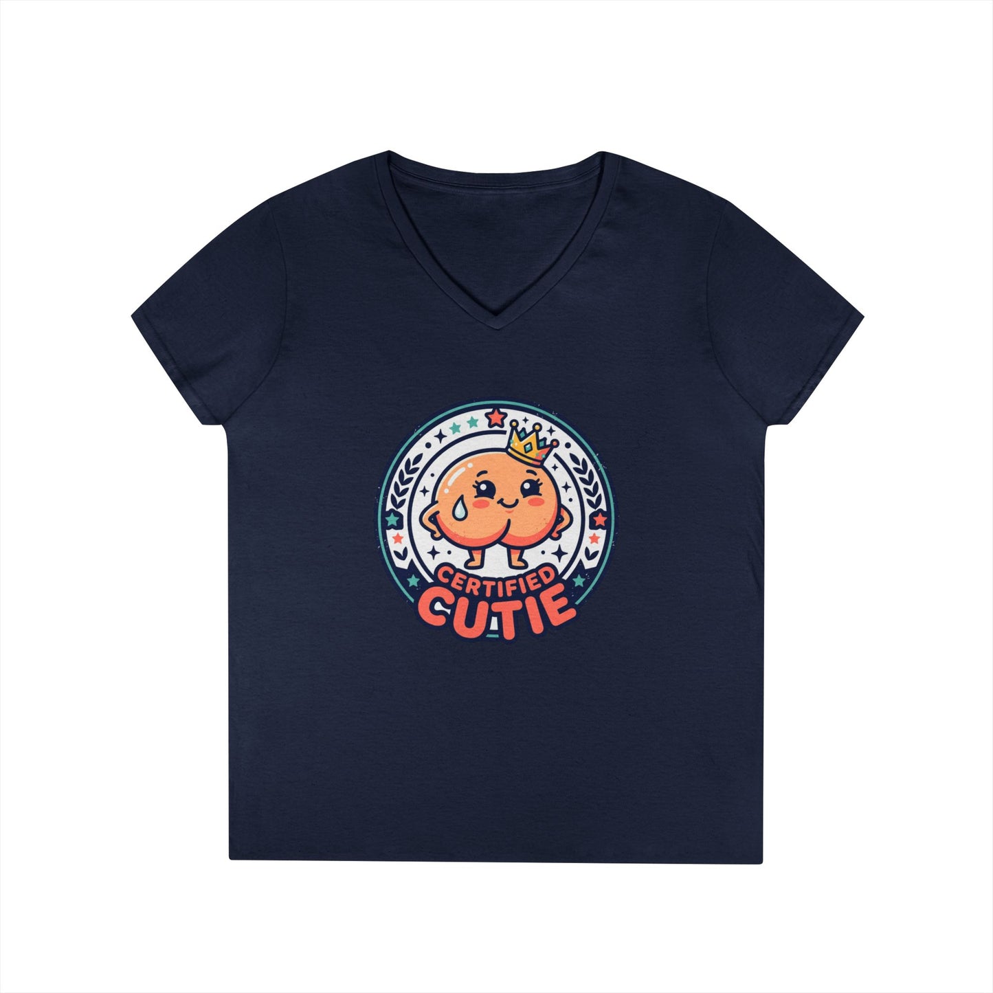 Certified Cutie V-Neck T-Shirt — Cute Cartoon Badge Graphic Tee for Women Printify