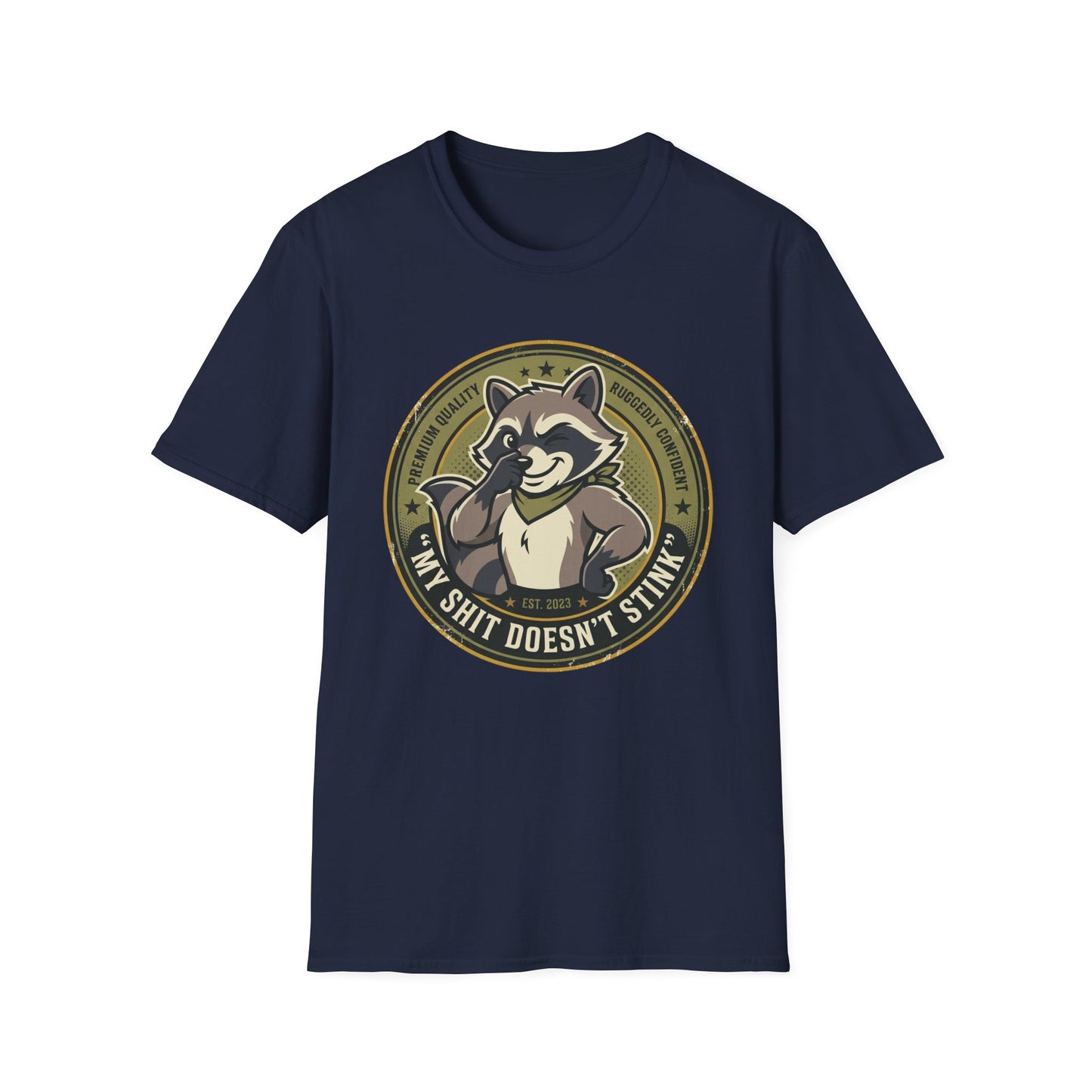 Raccoon Badge T-Shirt — "My Shit Doesn't Stink" Funny Graphic Tee Printify
