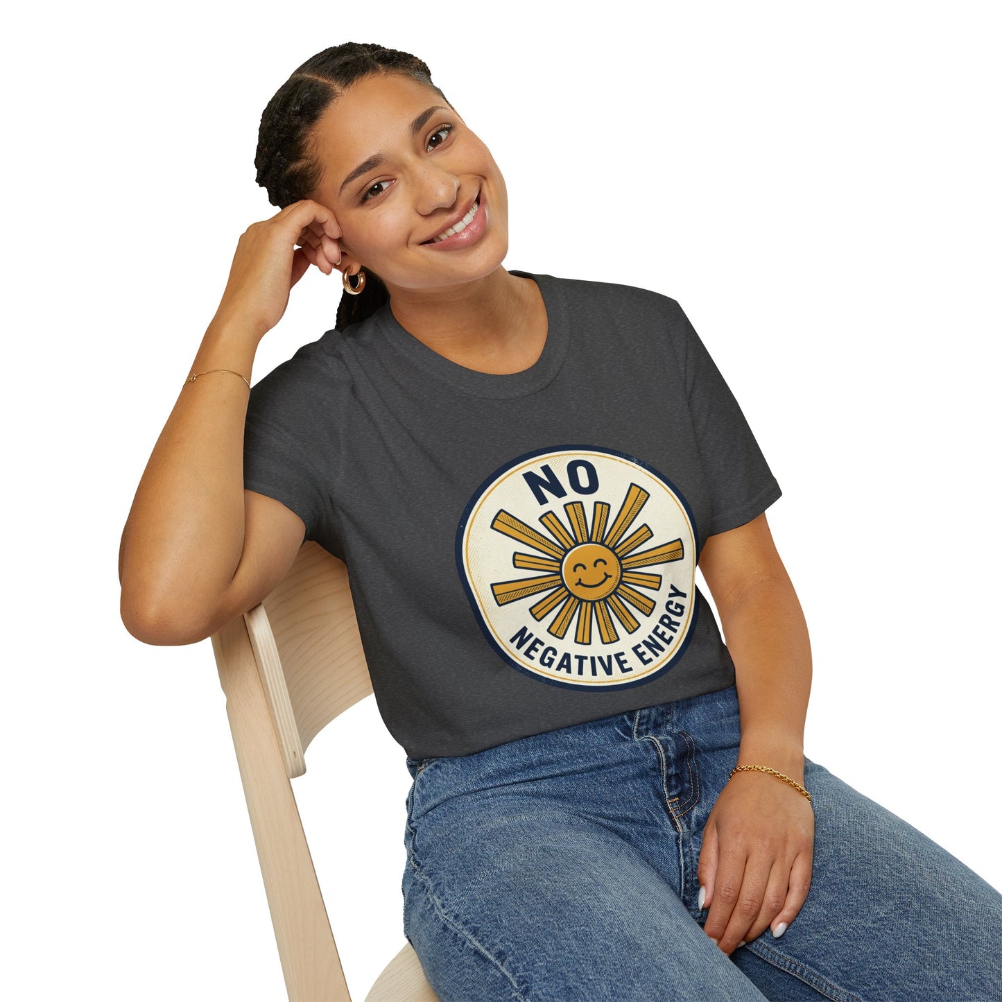 No Negative Energy T-Shirt — Retro Smiling Sun Positive Vibes Tee
