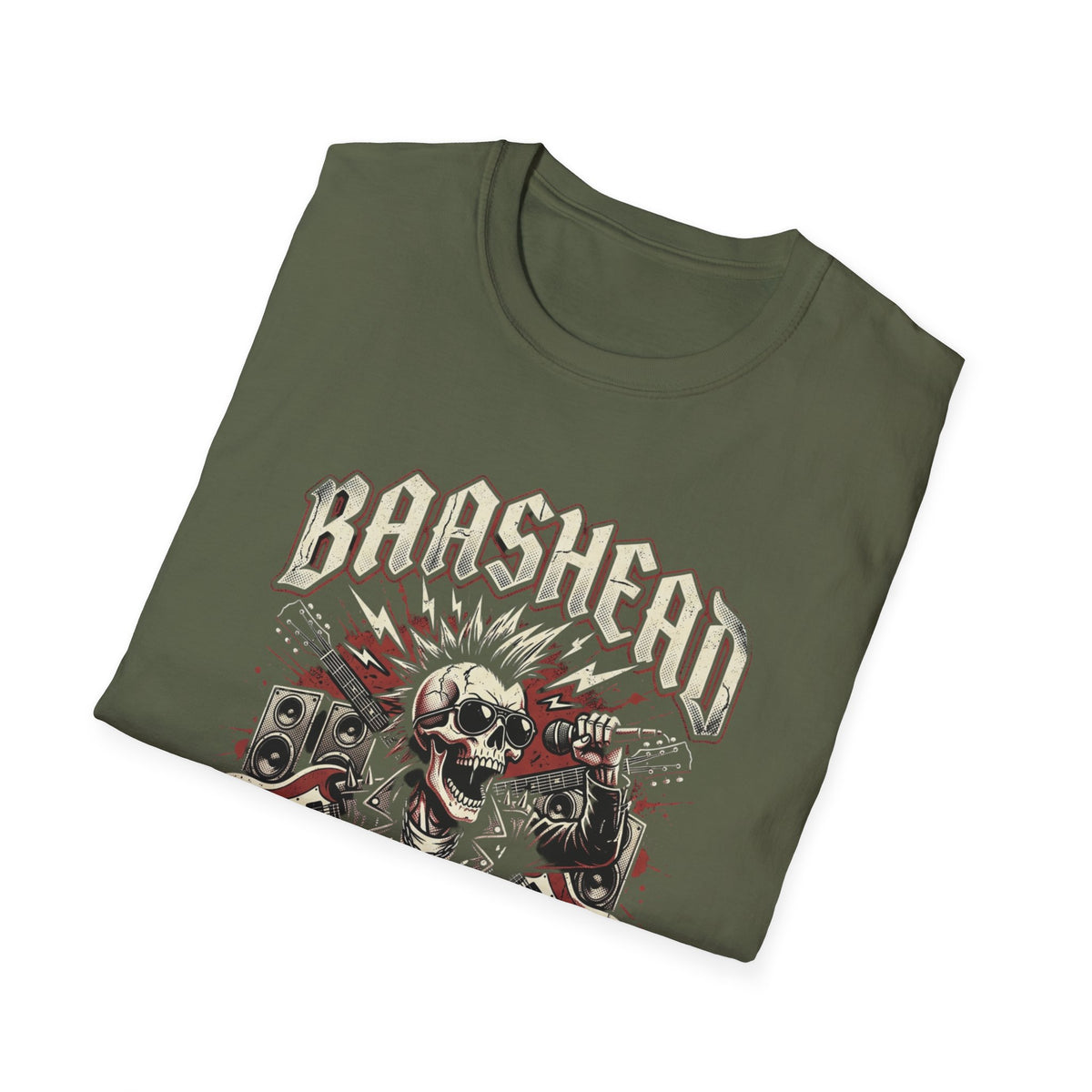 Basshead Skull T-Shirt — “I Make Everyone Listen to My Music, Crank It Up!” Guitar & Speaker Rock Tee