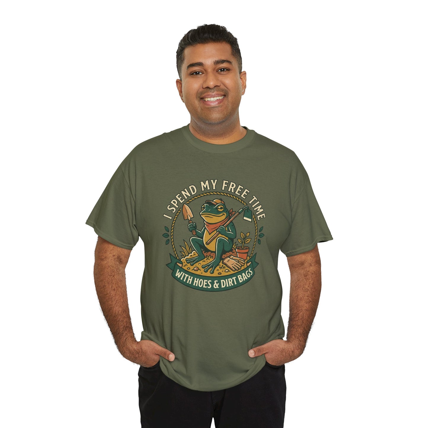Gardening Frog T-Shirt — "I Spend My Free Time With Hoes & Dirt Bags" Funny Garden Tee