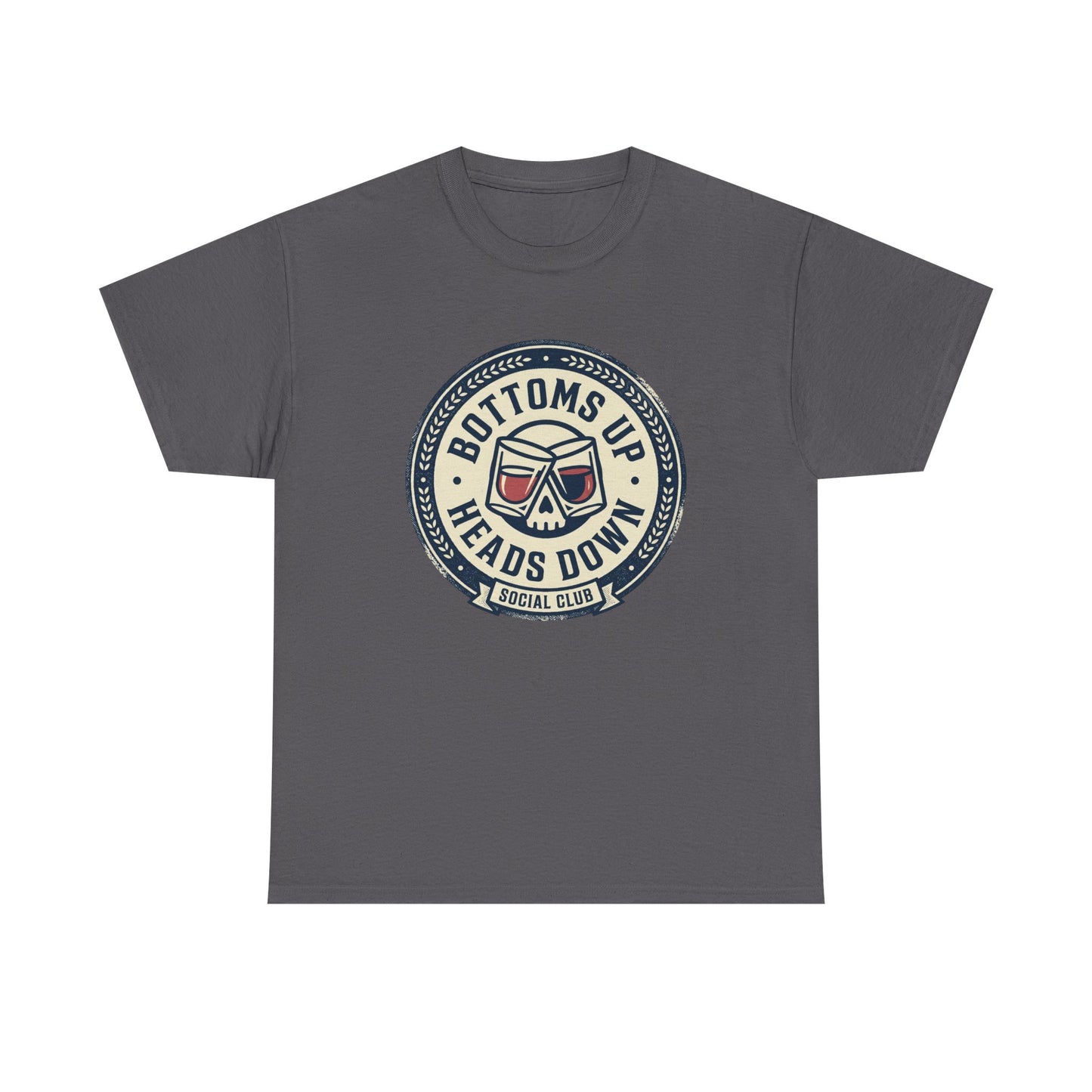 "Bottoms Up Heads Down" Skull Beer Logo Tee