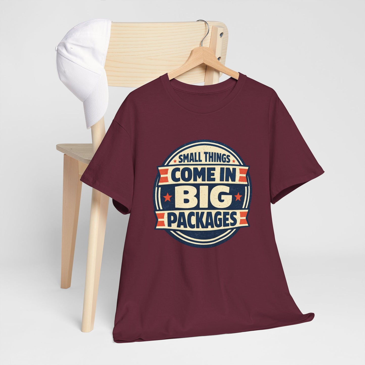 T-Shirt — "Small Things Come in Big Packages" Retro Badge Tee