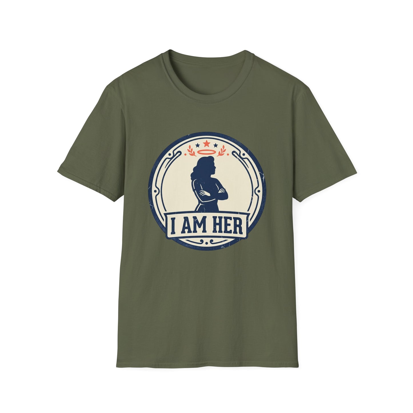 I Am Her Women’s T-Shirt — Empowering Mom & Woman Pride Vintage Badge Tee