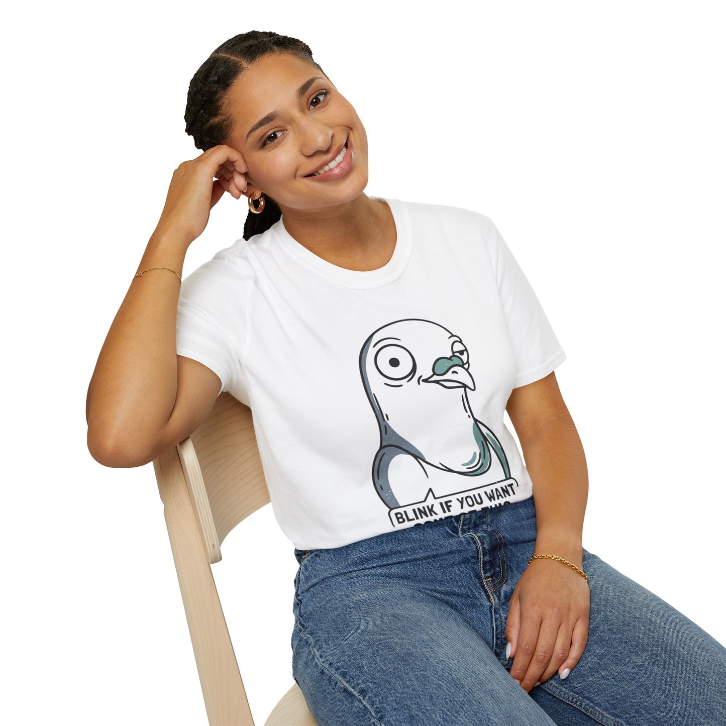 Pigeon Meme T‑Shirt — “Blink If You Want Some Of This” Funny Graphic Tee