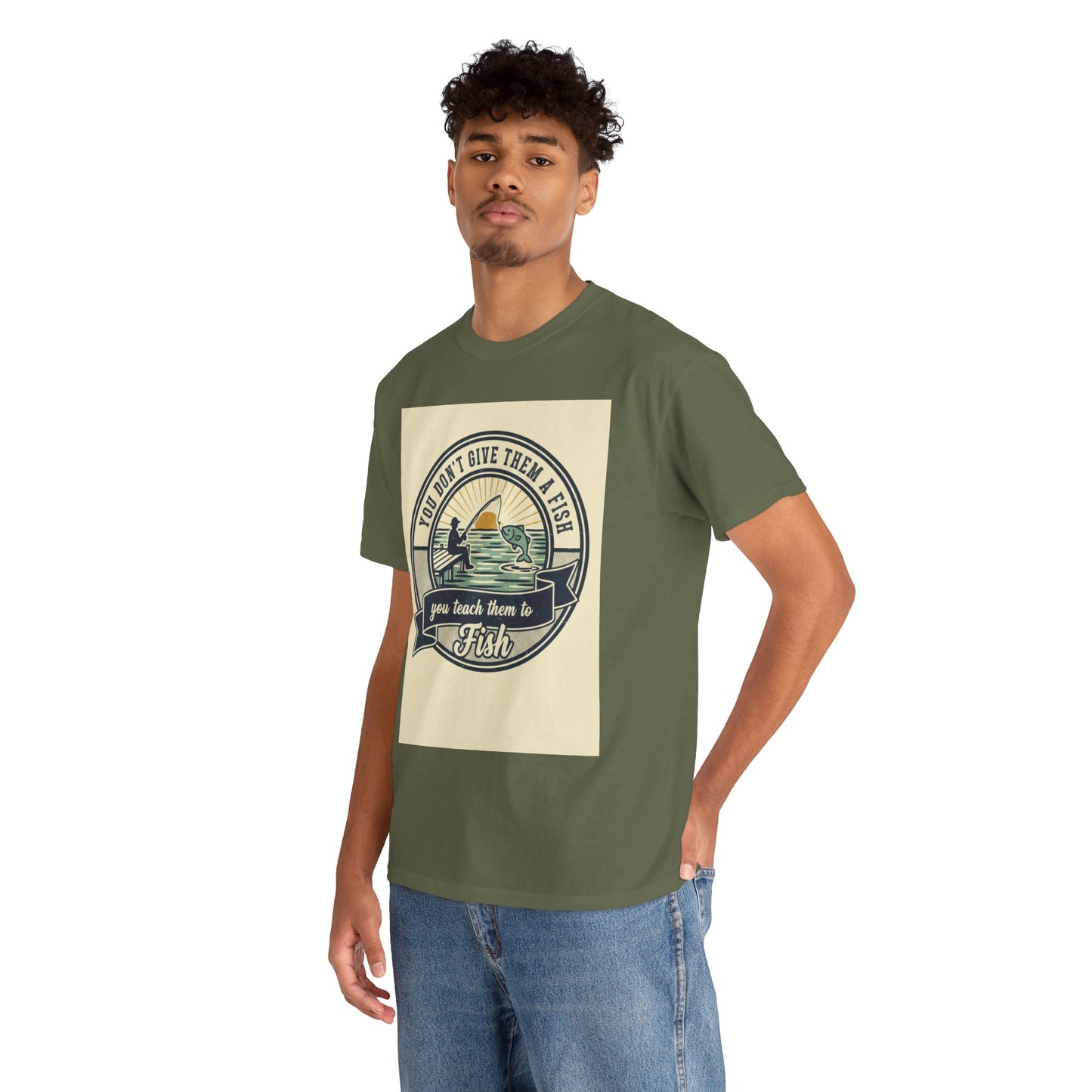 Fishing Vintage Badge T-Shirt — "You Don’t Give Them a Fish, You Teach Them to Fish" Graphic Tee