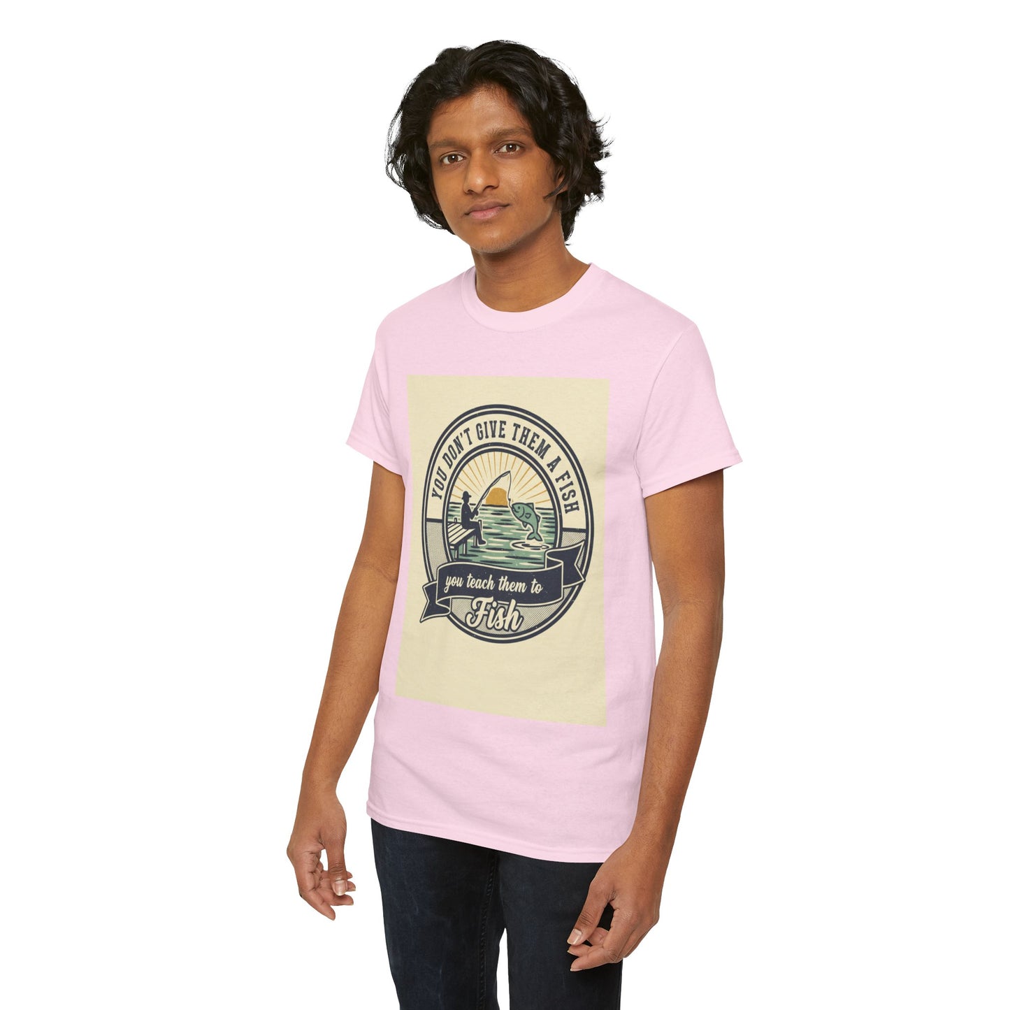 Fishing Vintage Badge T-Shirt — "You Don’t Give Them a Fish, You Teach Them to Fish" Graphic Tee