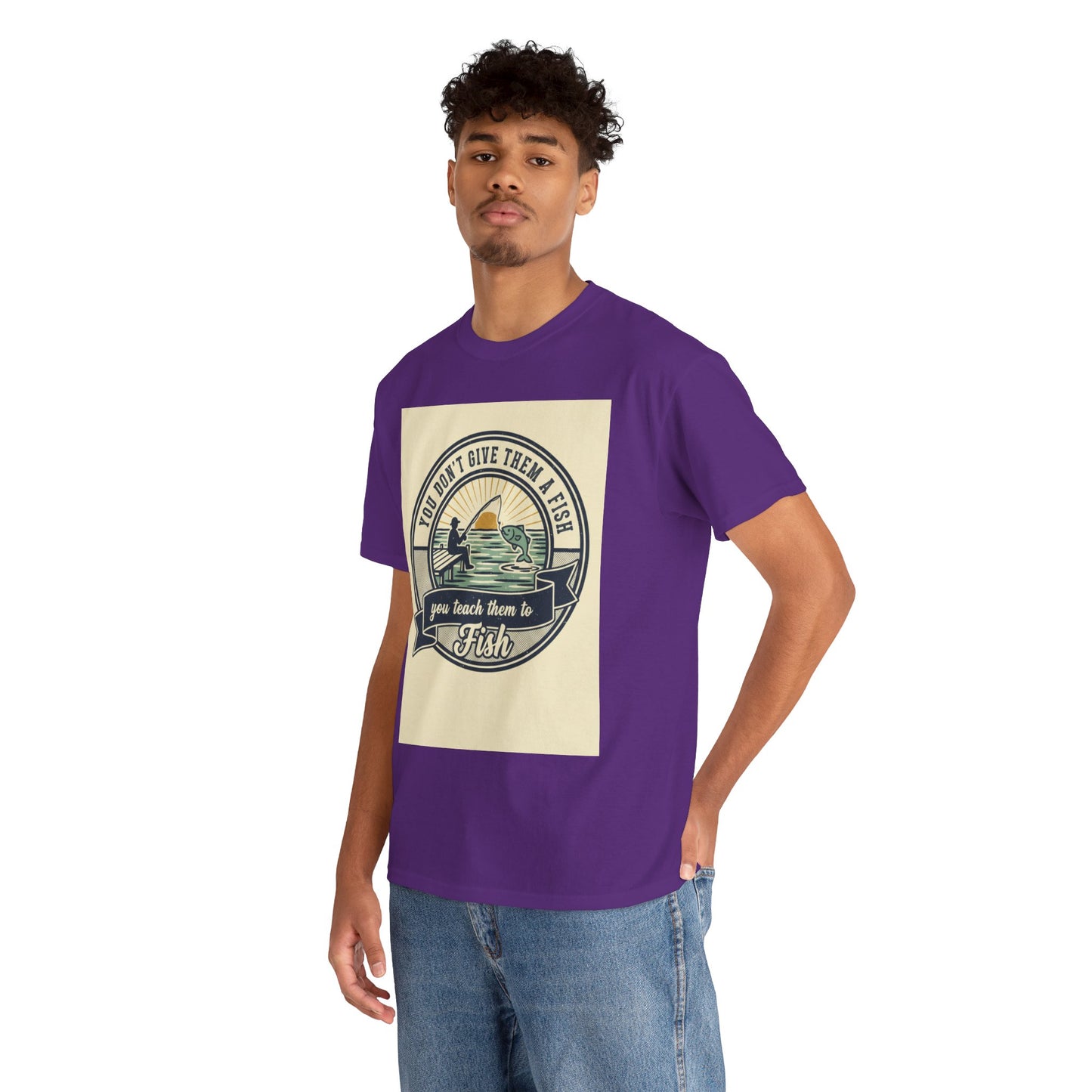 Fishing Vintage Badge T-Shirt — "You Don’t Give Them a Fish, You Teach Them to Fish" Graphic Tee