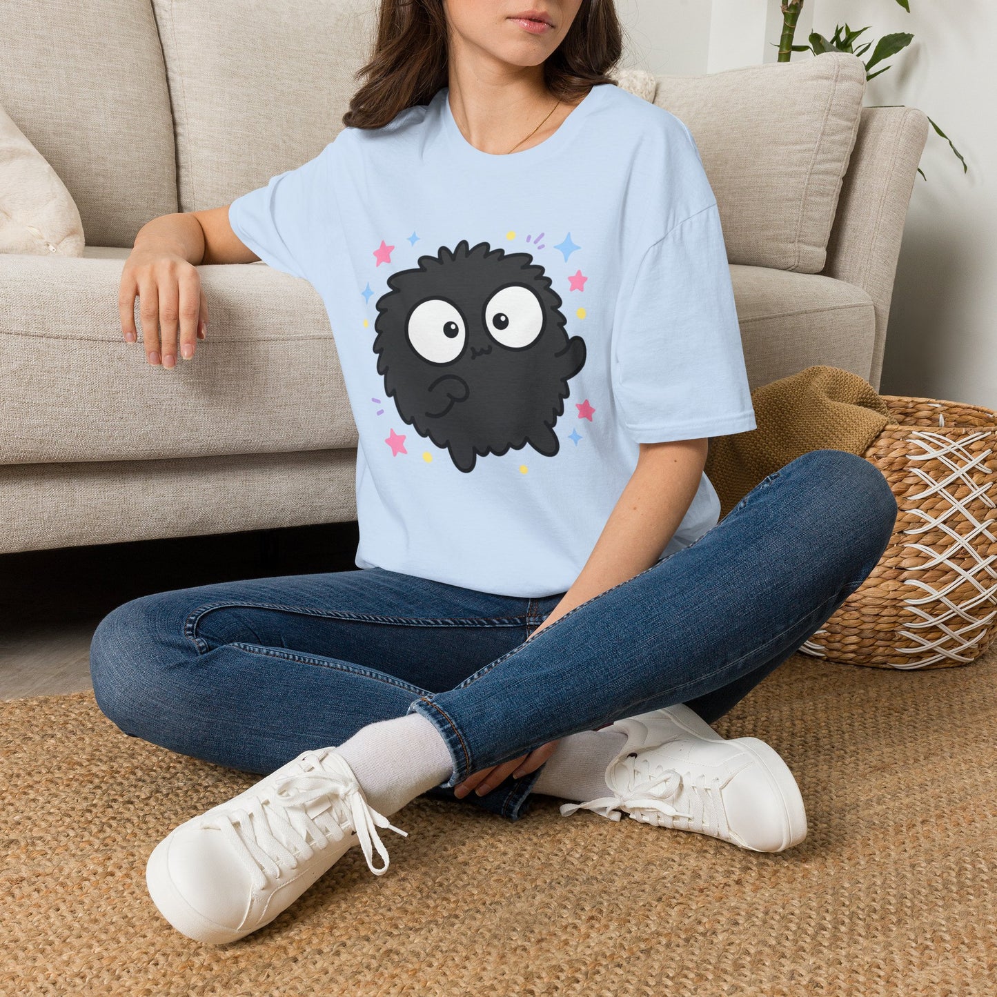 Cute Black Fuzzball T-Shirt — Kawaii Monster Tee with Stars