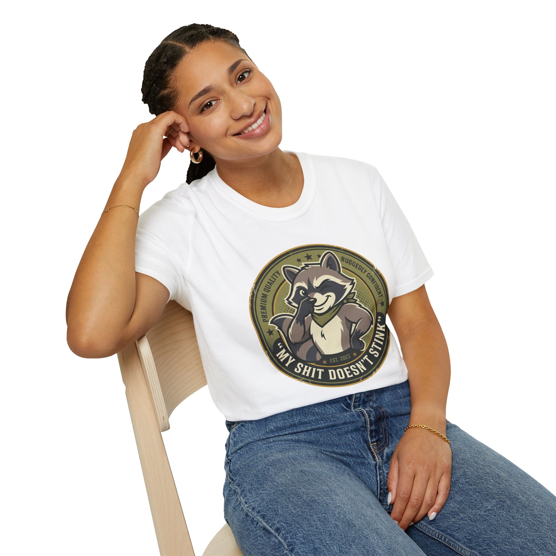 Raccoon Badge T-Shirt — "My Shit Doesn't Stink" Funny Graphic Tee Printify