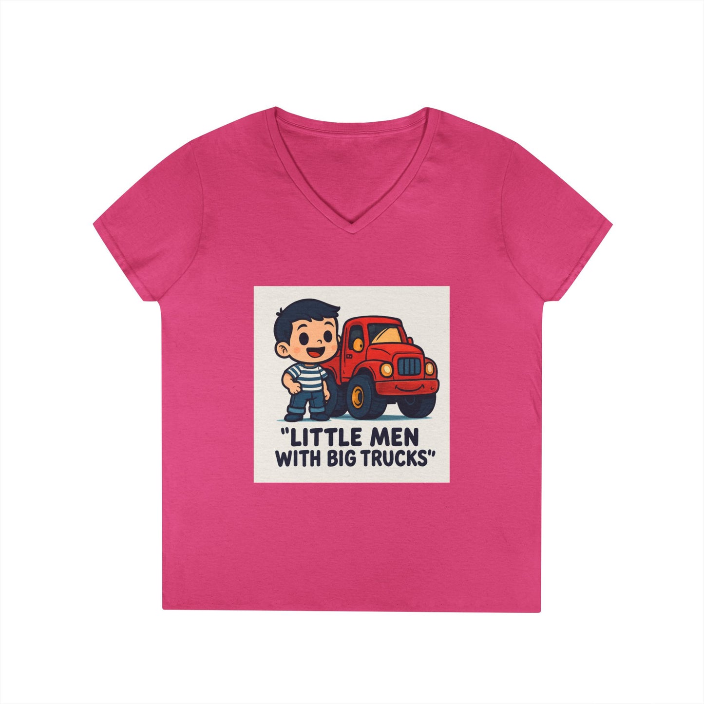 Ladies' V-Neck T-Shirt — "Little Men with Big Trucks" Cute Retro Truck Tee for Kids & Moms Printify