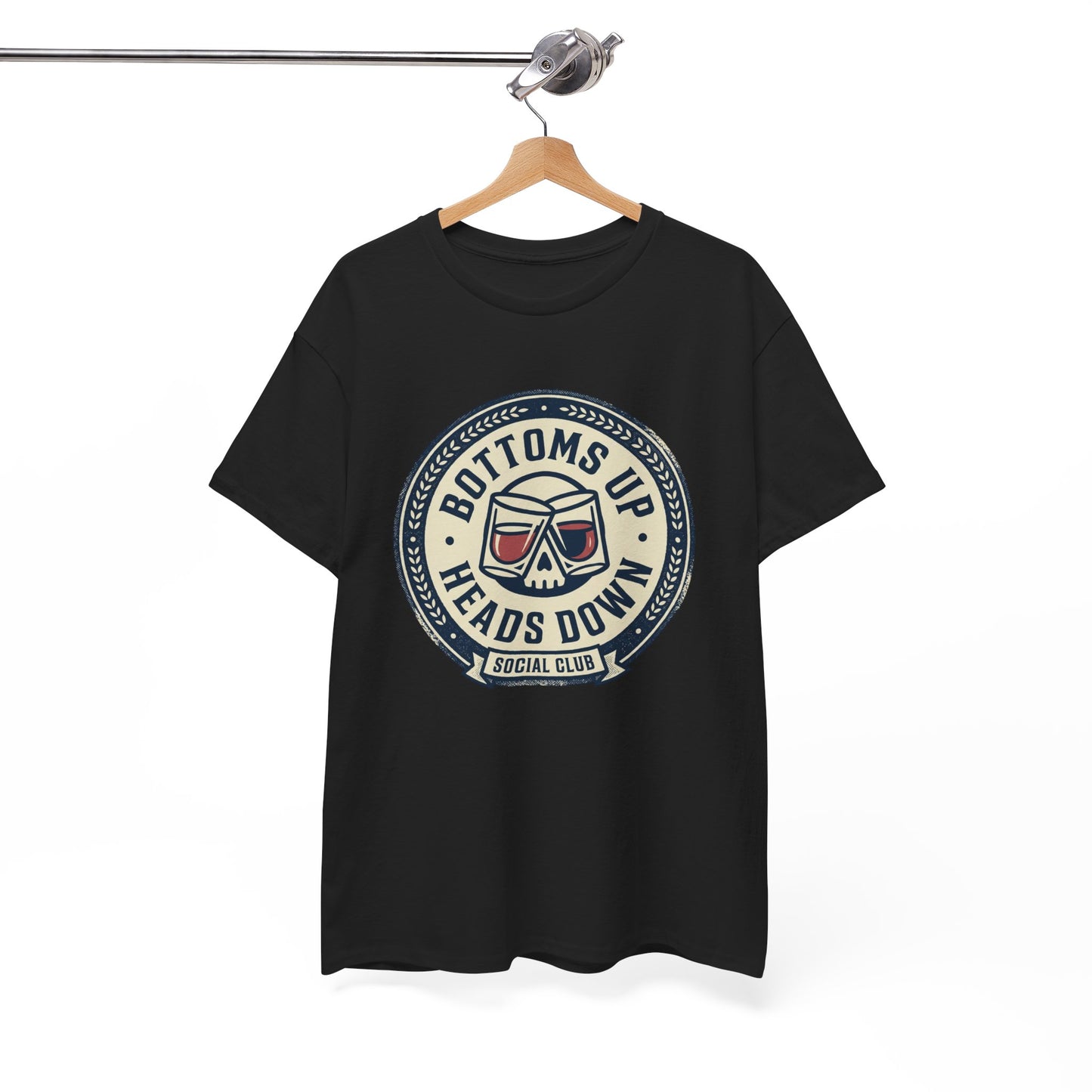 "Bottoms Up Heads Down" Skull Beer Logo Tee