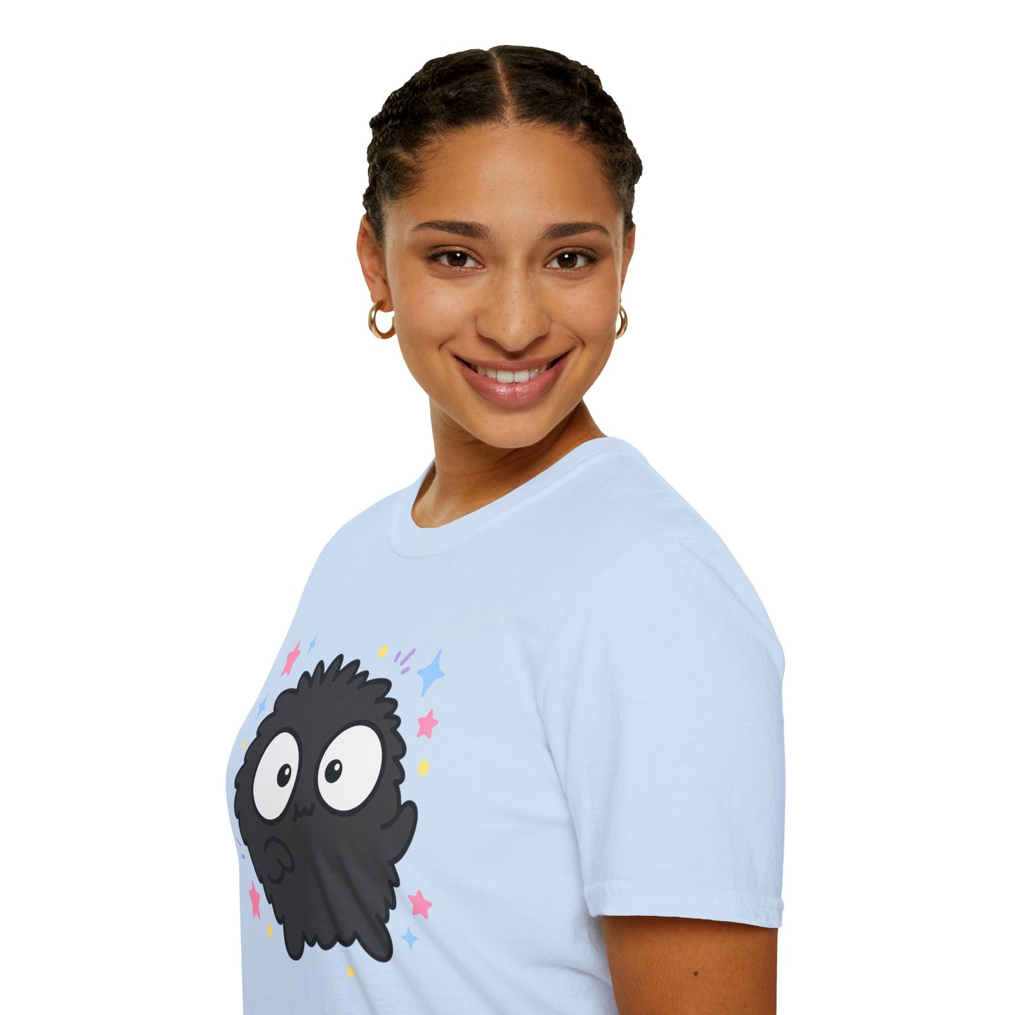 Cute Black Fuzzball T-Shirt — Kawaii Monster Tee with Stars