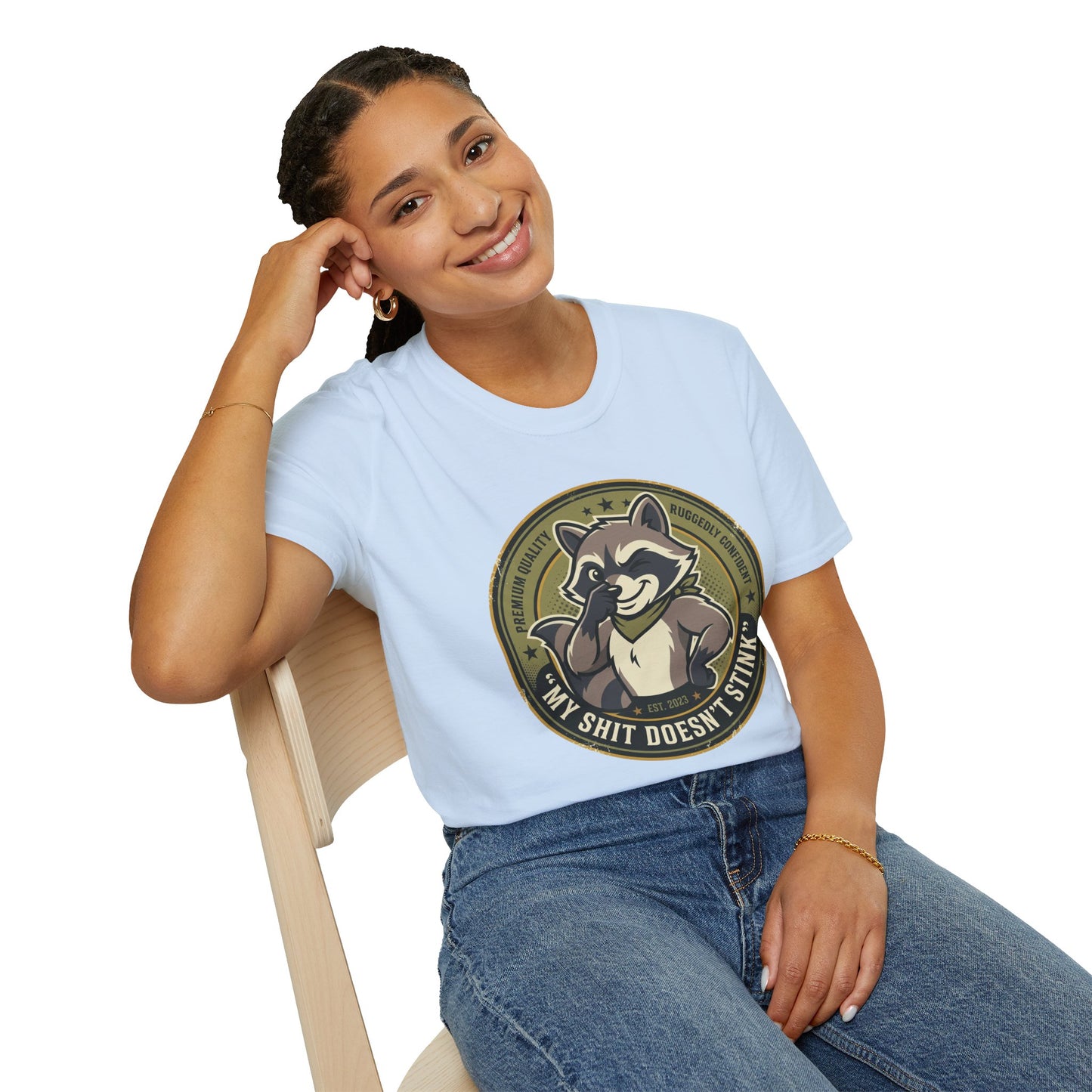 Raccoon Badge T-Shirt — "My Shit Doesn't Stink" Funny Graphic Tee Printify