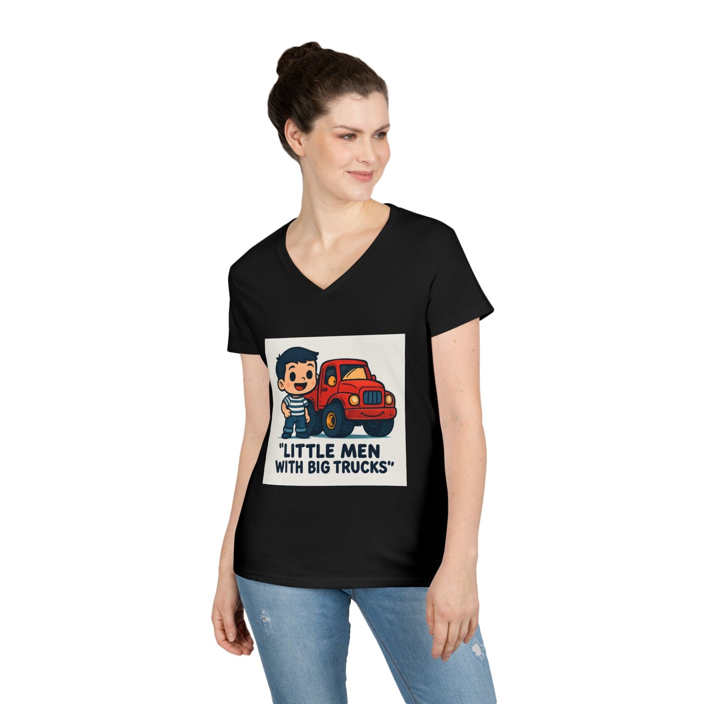 Ladies' V-Neck T-Shirt — "Little Men with Big Trucks" Cute Retro Truck Tee for Kids & Moms Printify
