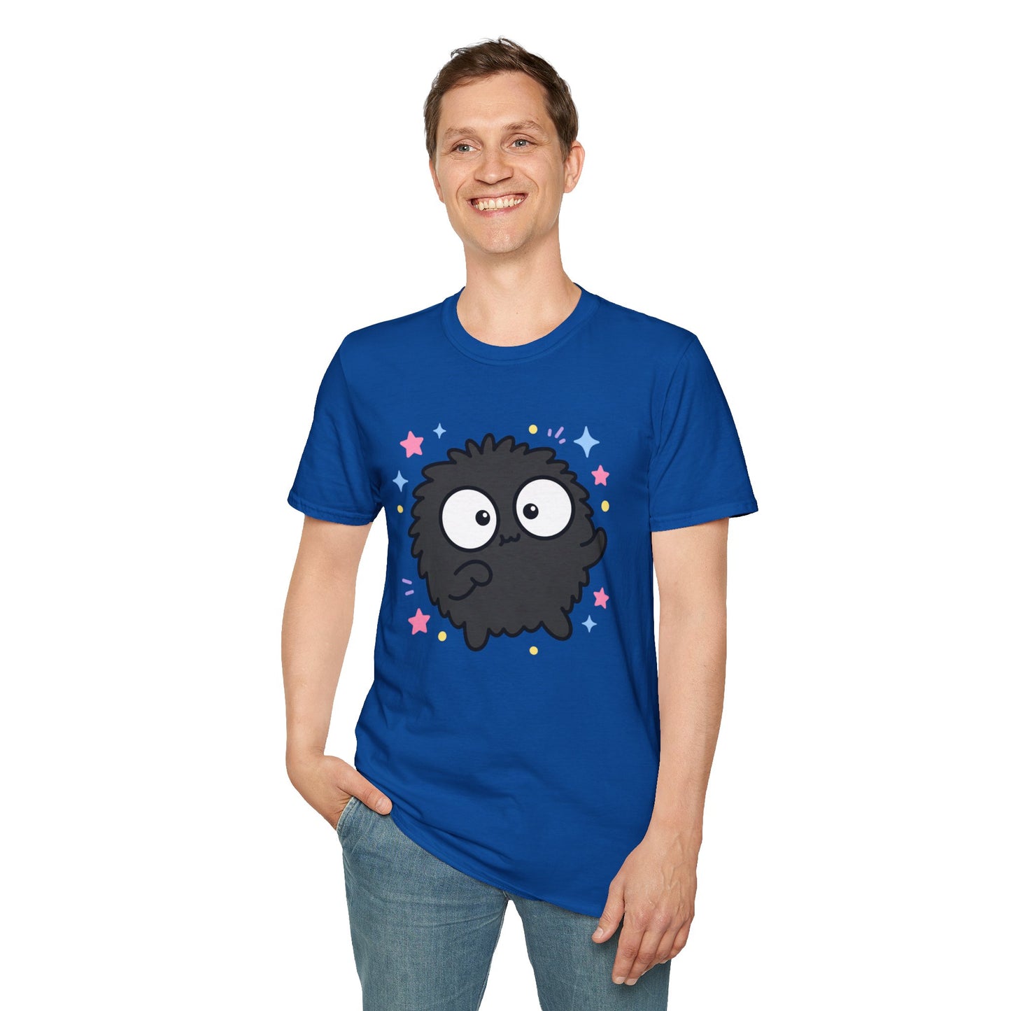 Cute Black Fuzzball T-Shirt — Kawaii Monster Tee with Stars