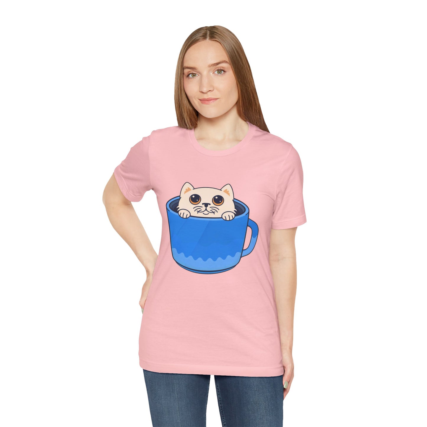Cat in a Blue Mug T‑Shirt — Cute Kawaii Kitten Tee