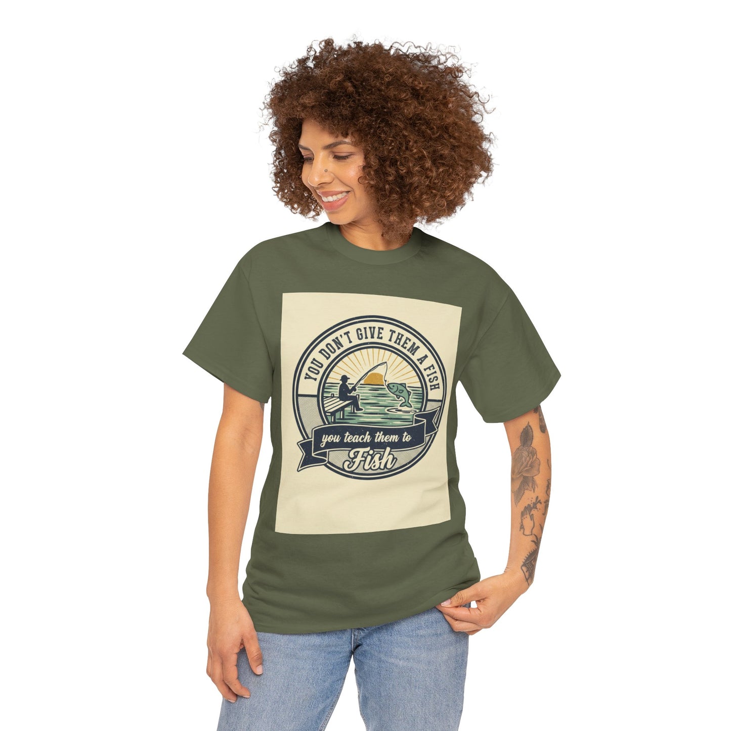 Fishing Vintage Badge T-Shirt — "You Don’t Give Them a Fish, You Teach Them to Fish" Graphic Tee