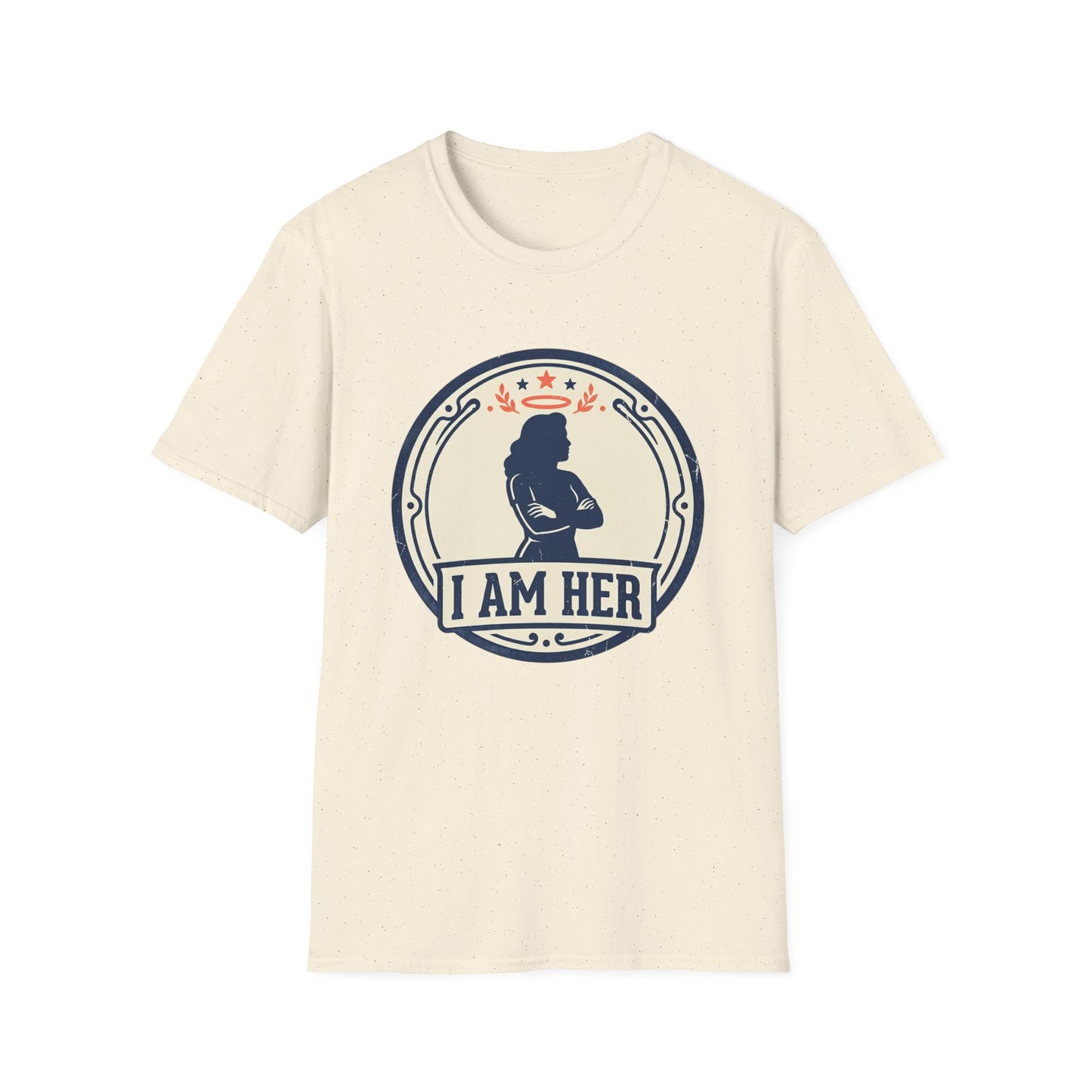 I Am Her Women’s T-Shirt — Empowering Mom & Woman Pride Vintage Badge Tee