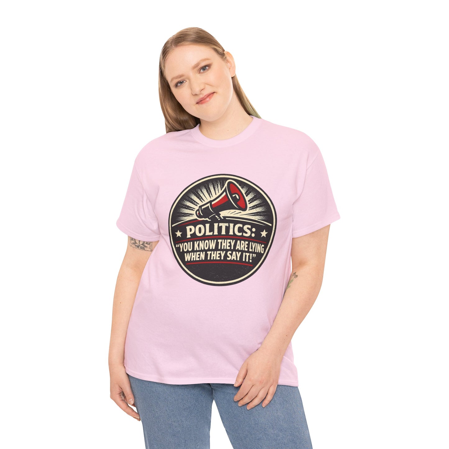 Political Satire T-Shirt — "Politics: You Know They Are Lying When They Say It" Retro Megaphone Tee