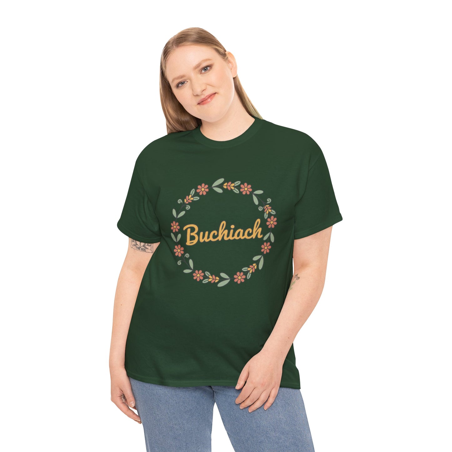 Buchiach Floral Wreath T-Shirt — Retro Script Garden Tee Printify