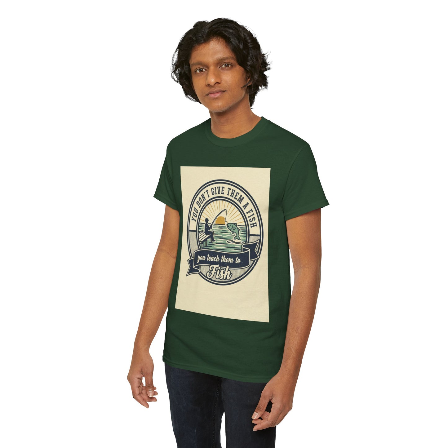Fishing Vintage Badge T-Shirt — "You Don’t Give Them a Fish, You Teach Them to Fish" Graphic Tee