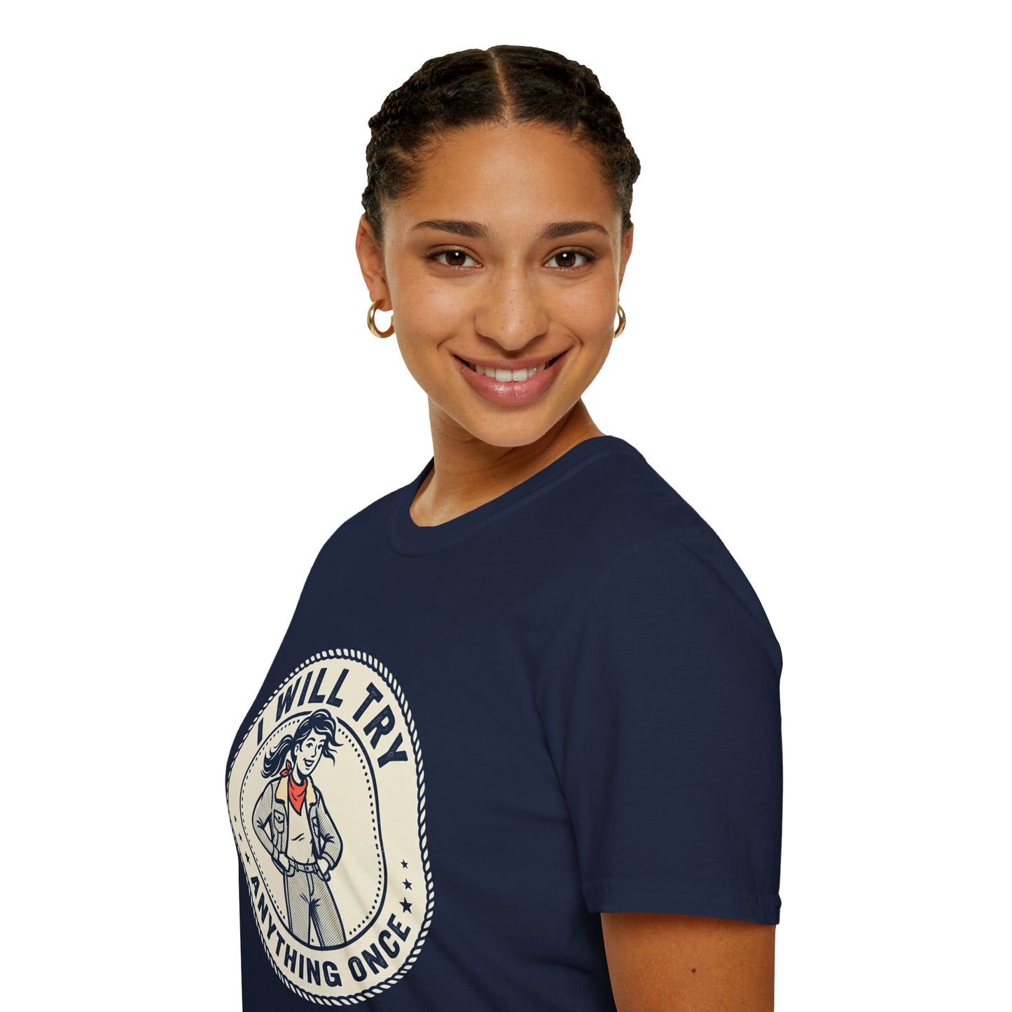 I Will Try Anything Once T-Shirt — Retro Adventurous Vintage Badge Tee