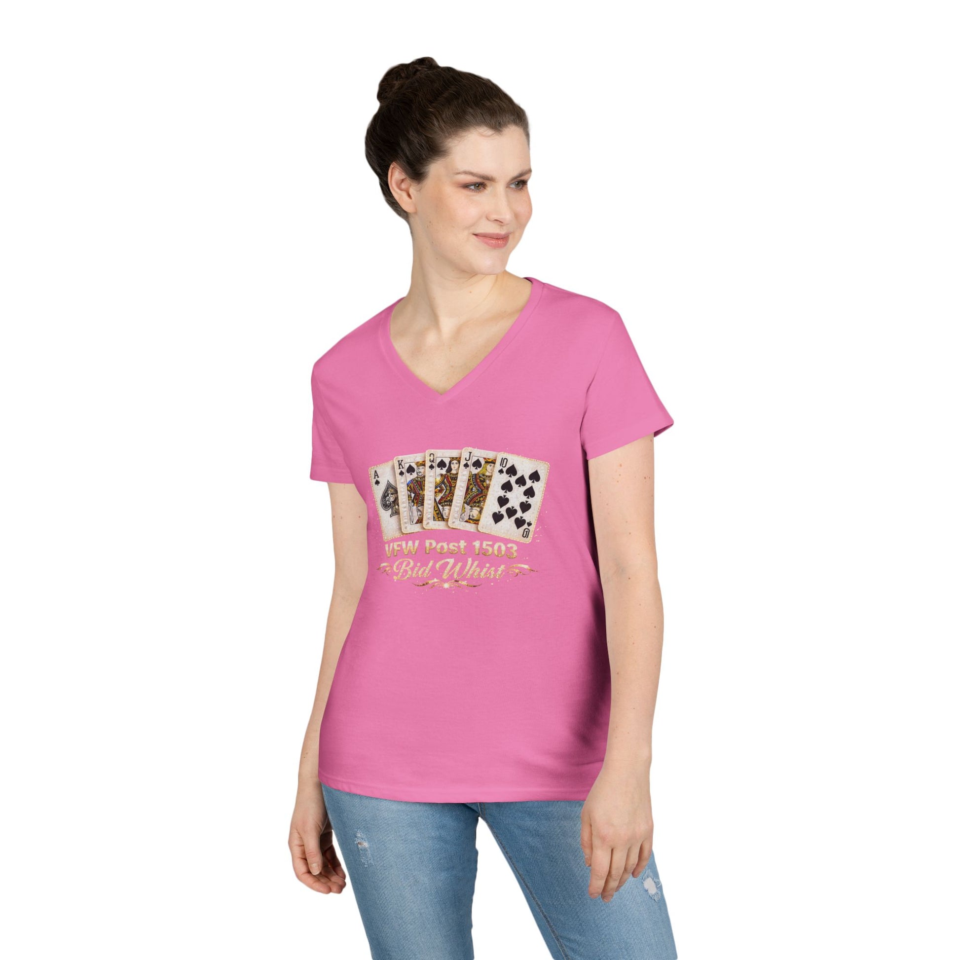 Ladies' V-Neck T-Shirt — Vintage Playing Cards "VFW Post 1503" Graphic Printify