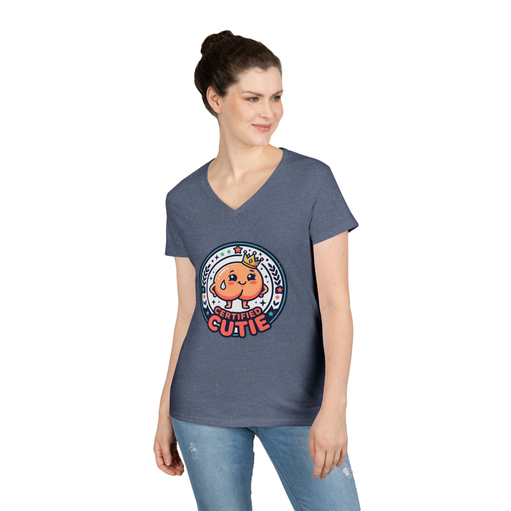 Certified Cutie V-Neck T-Shirt — Cute Cartoon Badge Graphic Tee for Women Printify