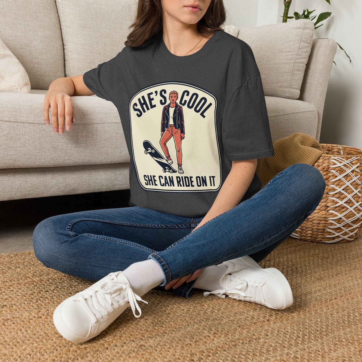 She's Cool Skateboarder T-Shirt — "She's Cool, She Can Ride On It" Retro Graphic Tee