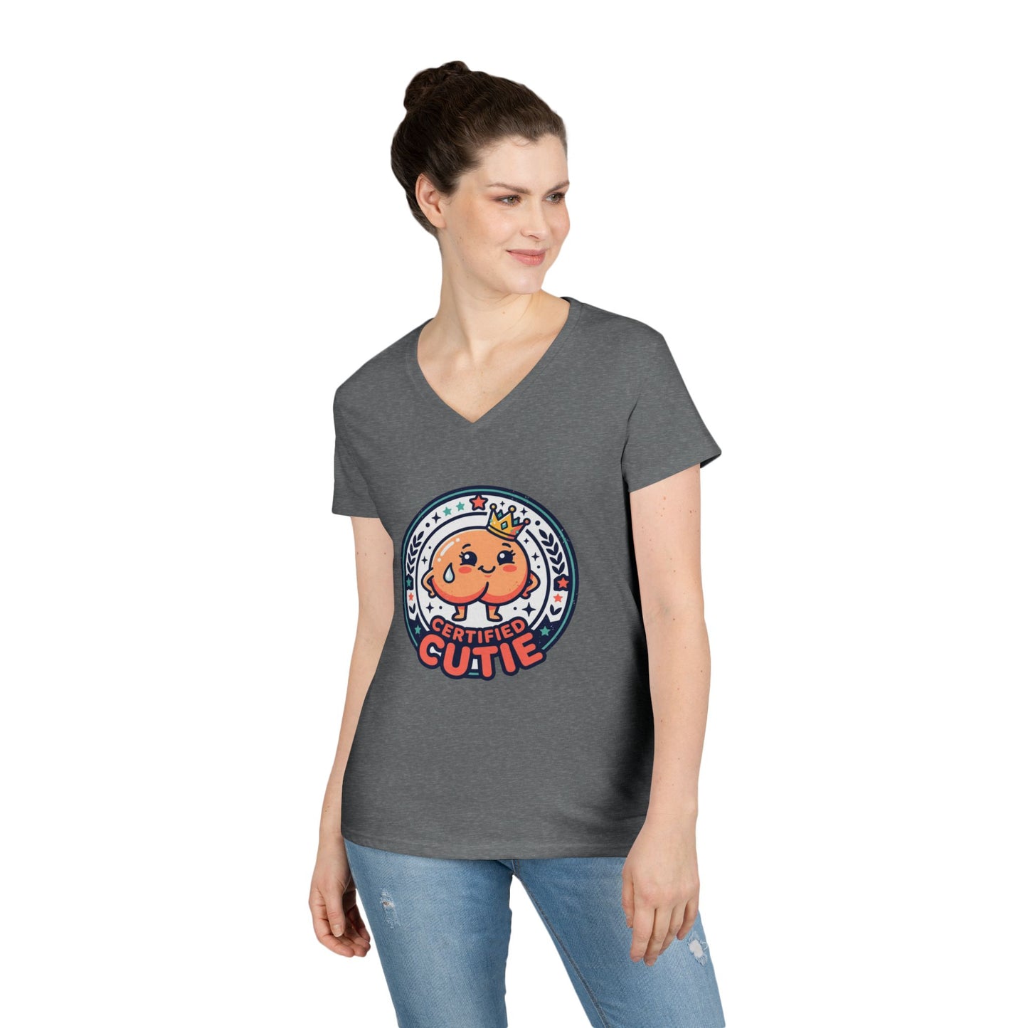 Certified Cutie V-Neck T-Shirt — Cute Cartoon Badge Graphic Tee for Women Printify