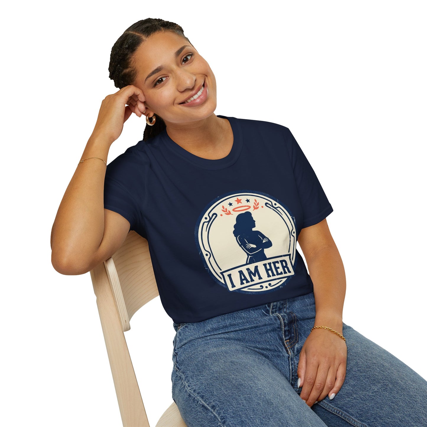 I Am Her Women’s T-Shirt — Empowering Mom & Woman Pride Vintage Badge Tee