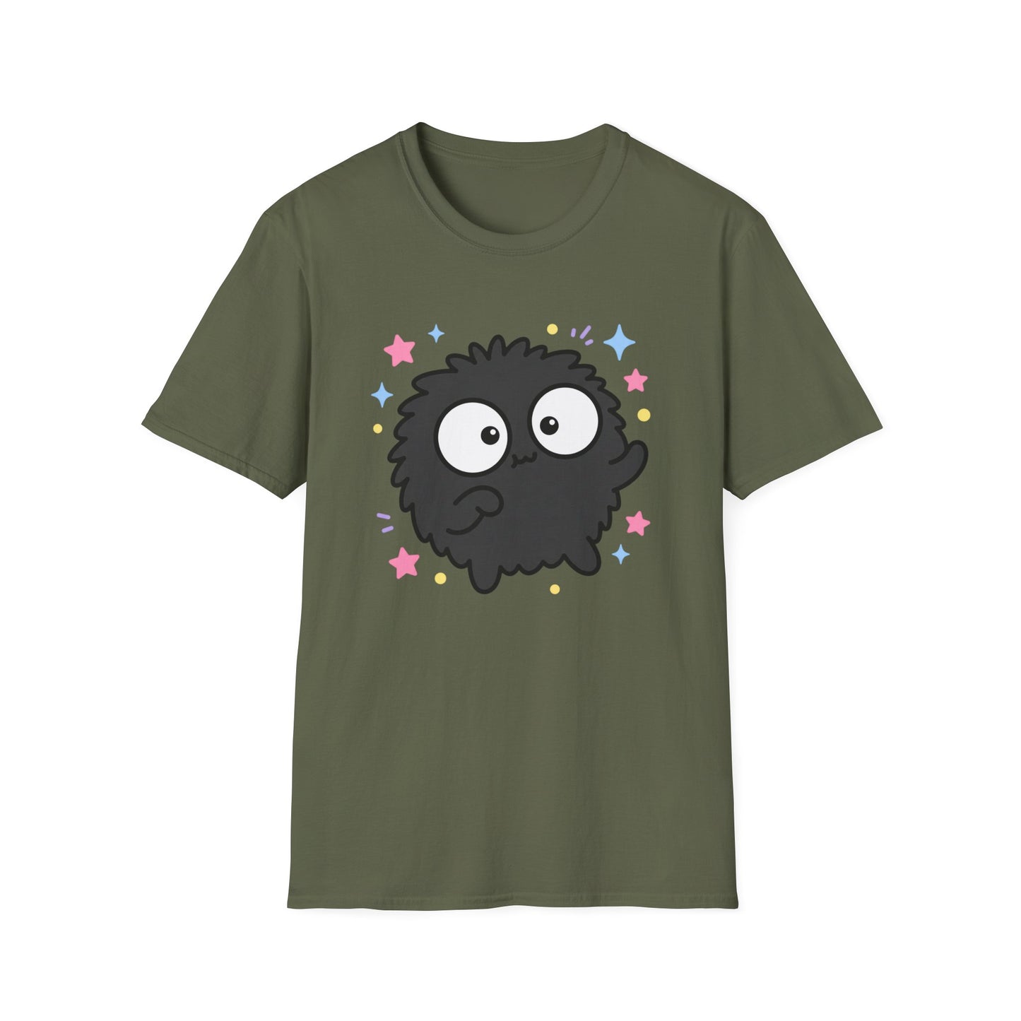 Cute Black Fuzzball T-Shirt — Kawaii Monster Tee with Stars