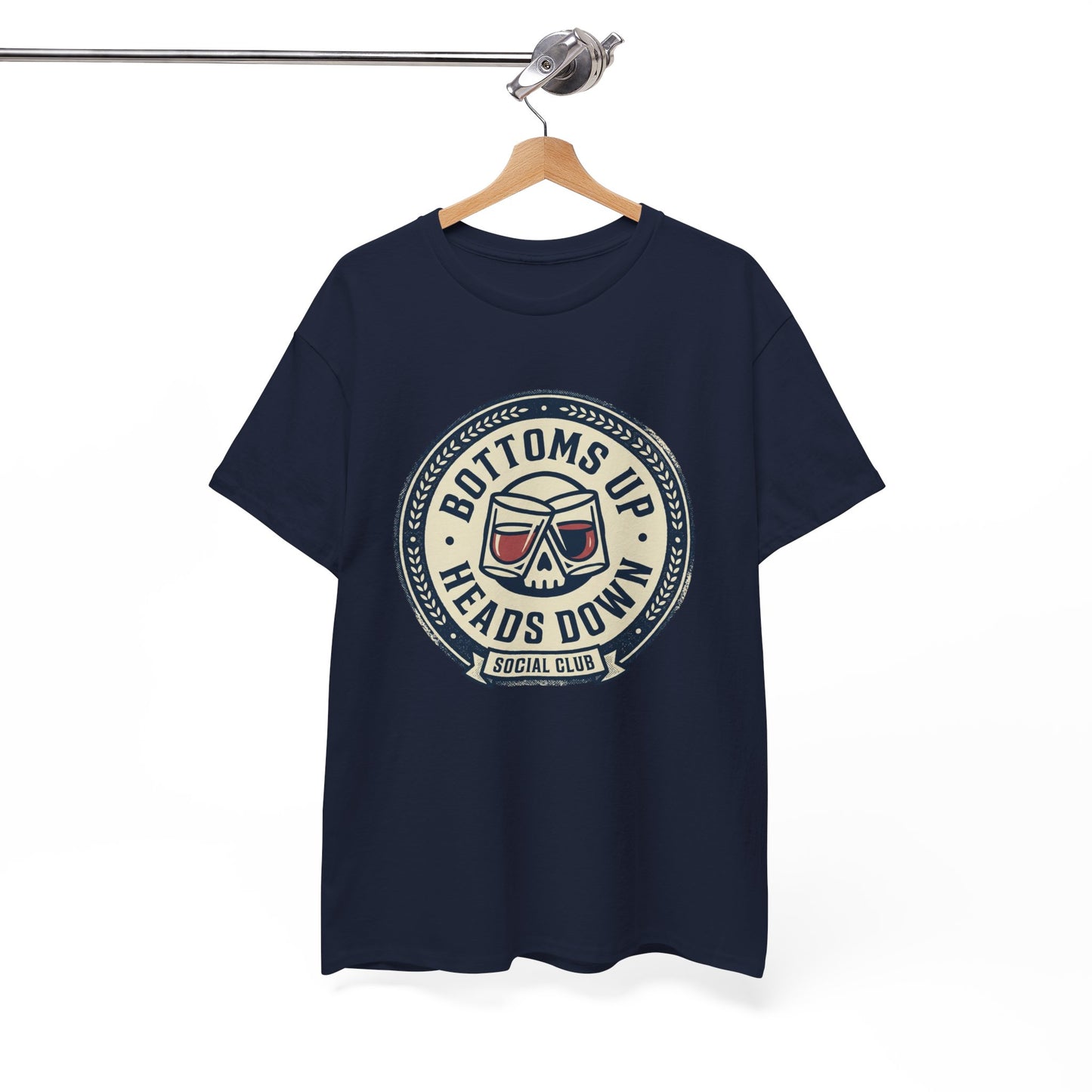 "Bottoms Up Heads Down" Skull Beer Logo Tee