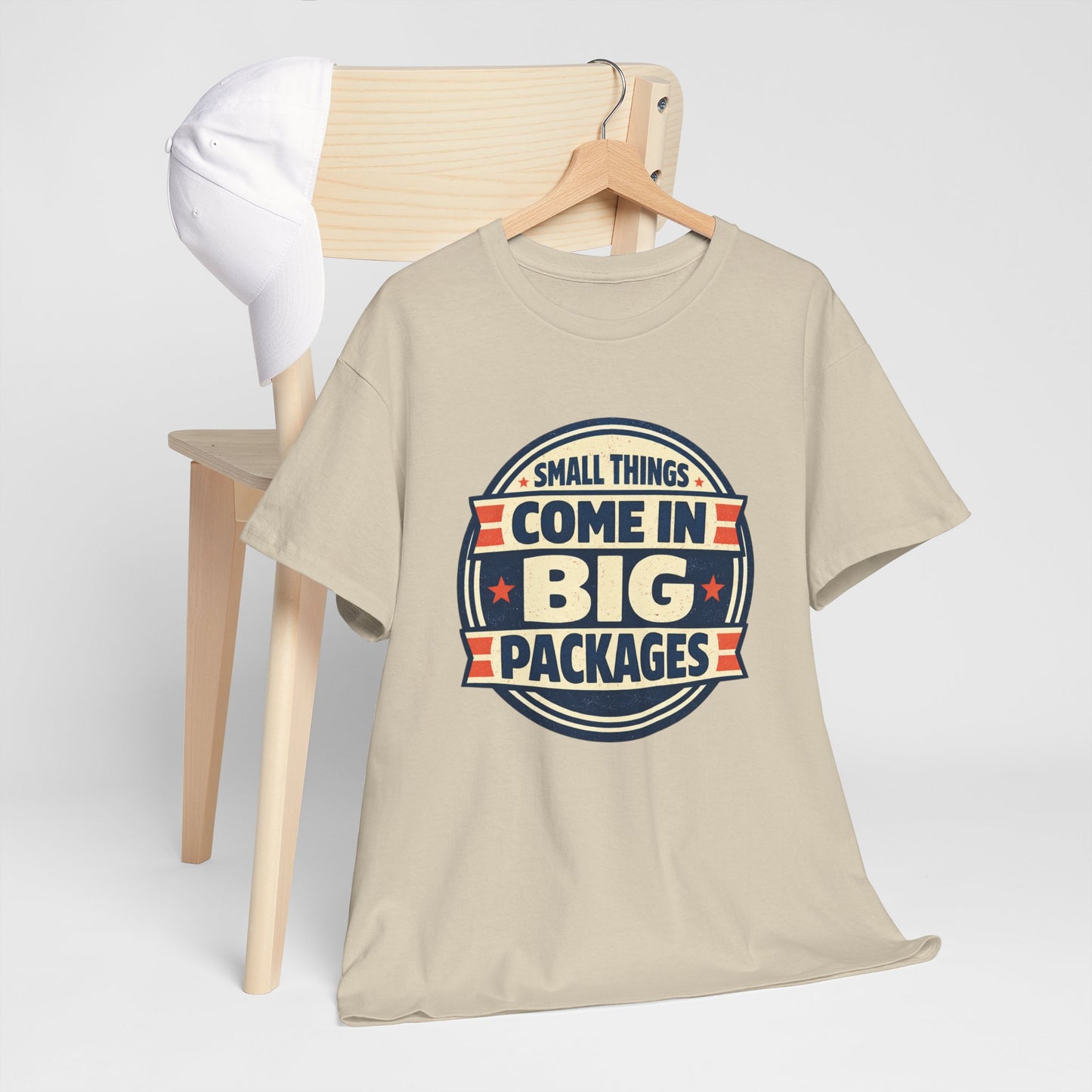T-Shirt — "Small Things Come in Big Packages" Retro Badge Tee