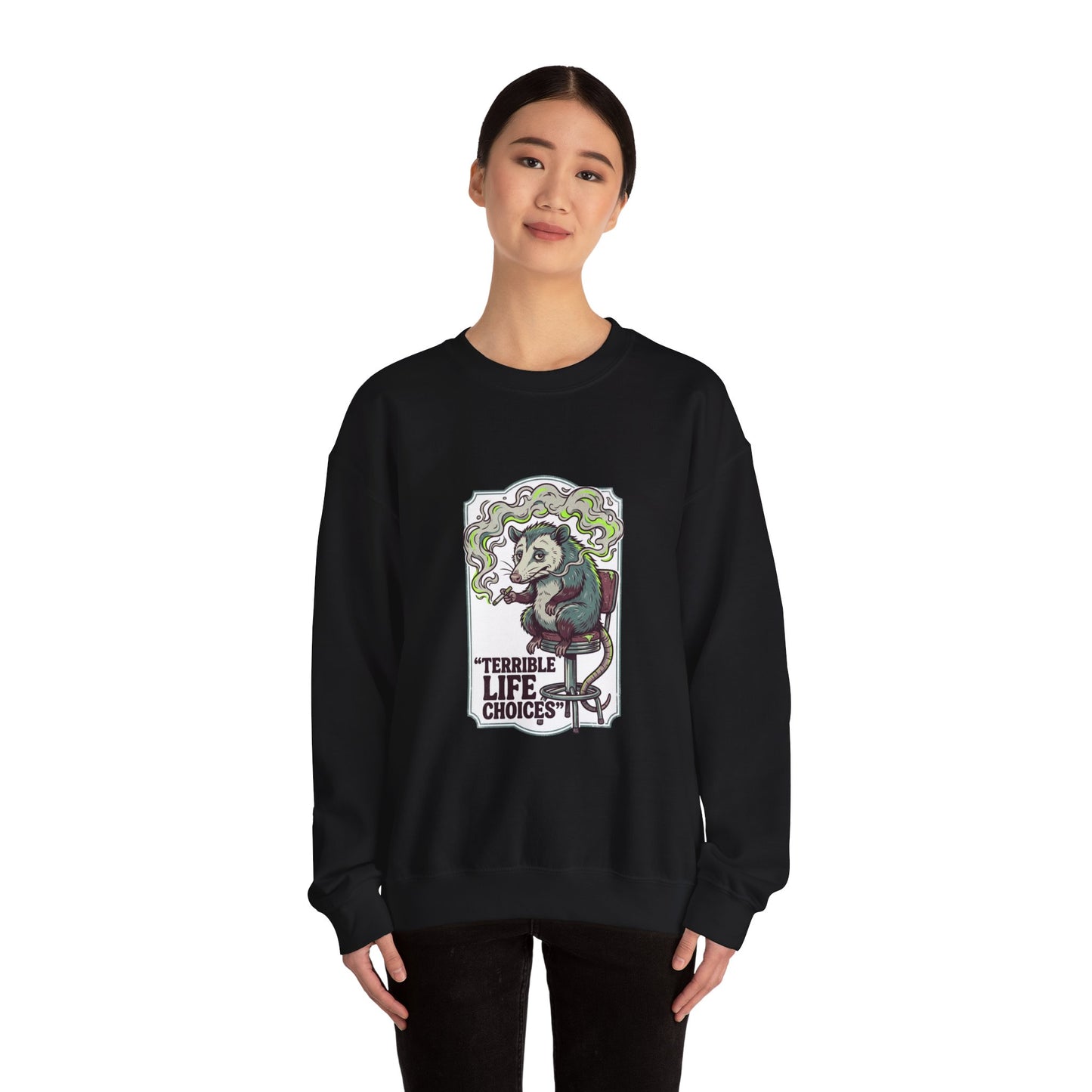 Terrible Life Choices opossum smoking sweatshirt | absurdist animal, ironic alt meme