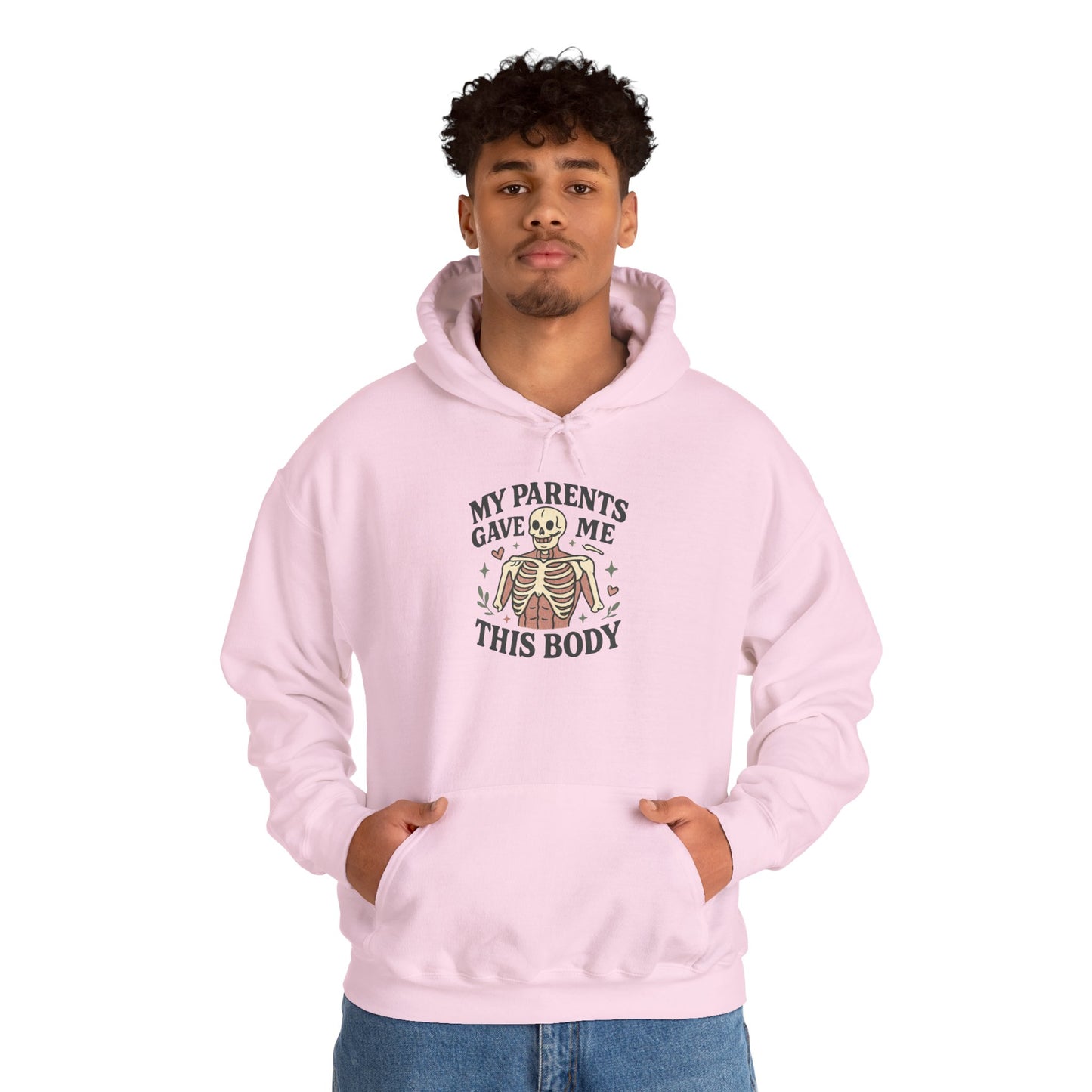 Skeleton Graphic Hoodie — "My Parents Gave Me This Body" Funny Halloween Pullover