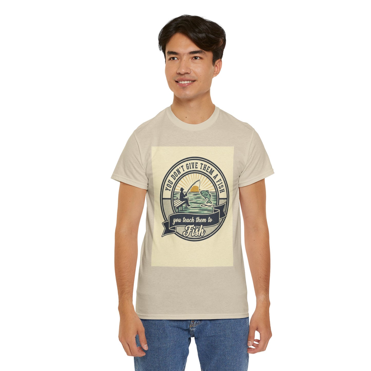 Fishing Vintage Badge T-Shirt — "You Don’t Give Them a Fish, You Teach Them to Fish" Graphic Tee