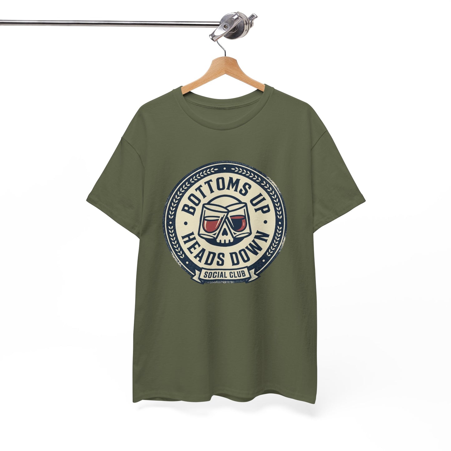 "Bottoms Up Heads Down" Skull Beer Logo Tee