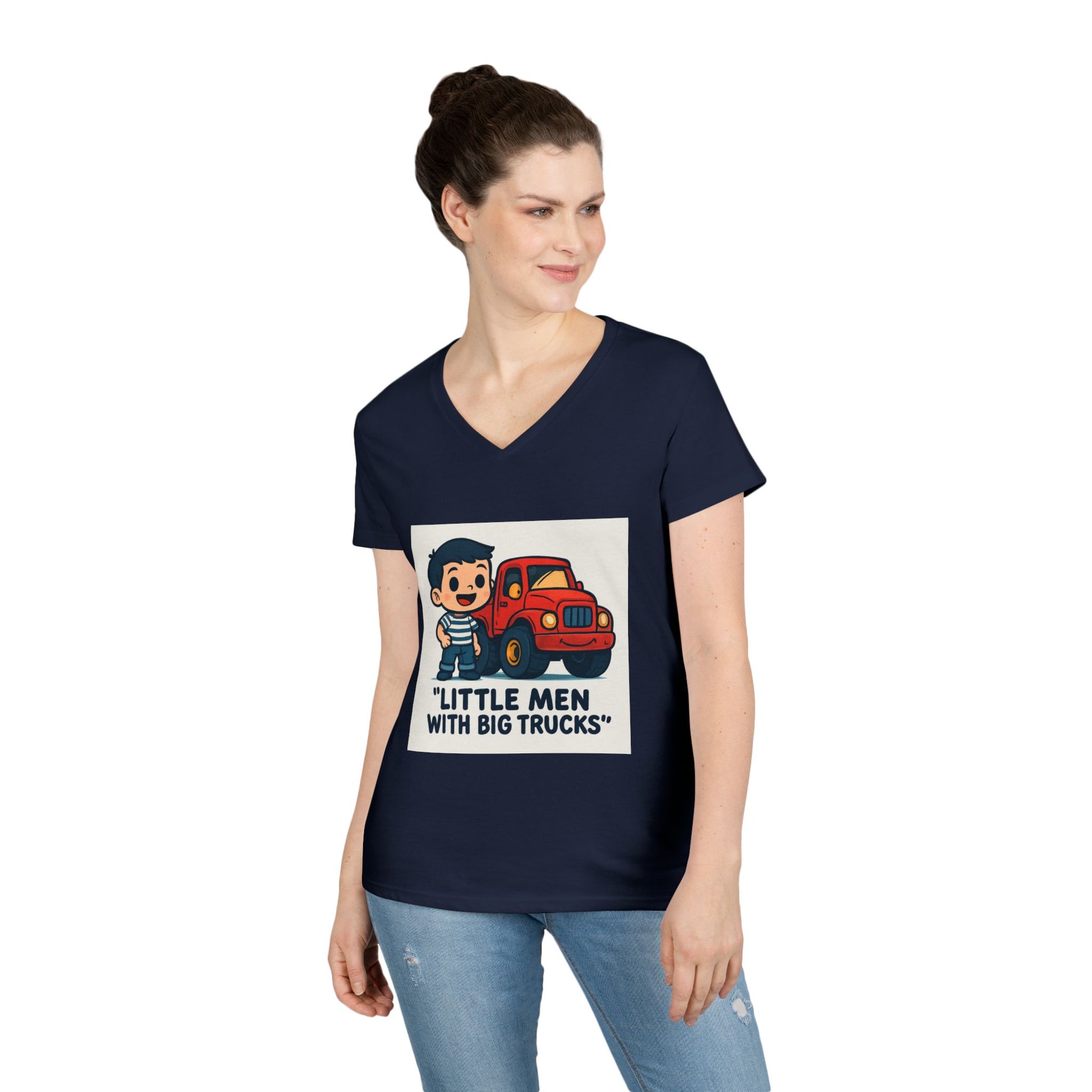 Ladies' V-Neck T-Shirt — "Little Men with Big Trucks" Cute Retro Truck Tee for Kids & Moms Printify