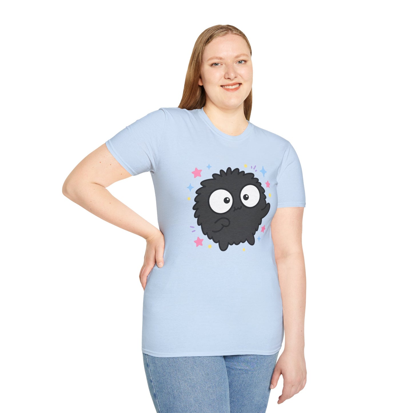 Cute Black Fuzzball T-Shirt — Kawaii Monster Tee with Stars