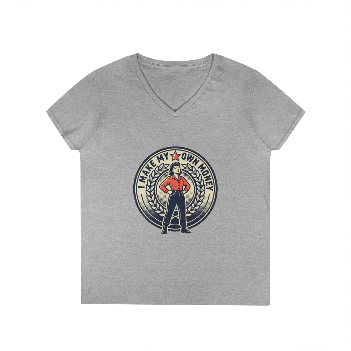 Ladies' V-Neck T-Shirt — "I Make My Own Money" Empowered Retro Worker Graphic Tee